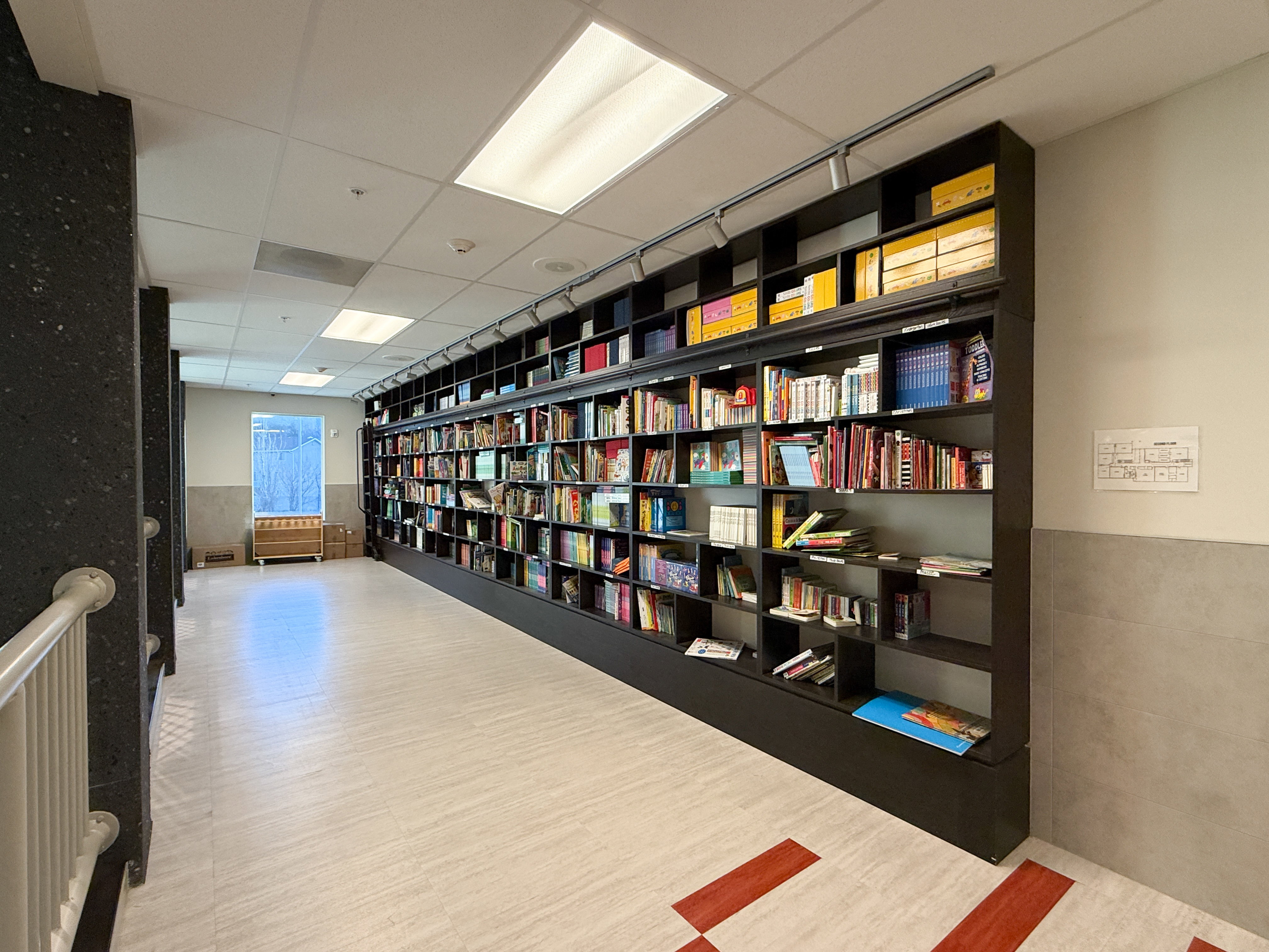 Integrated full-wall shelving system with track lighting