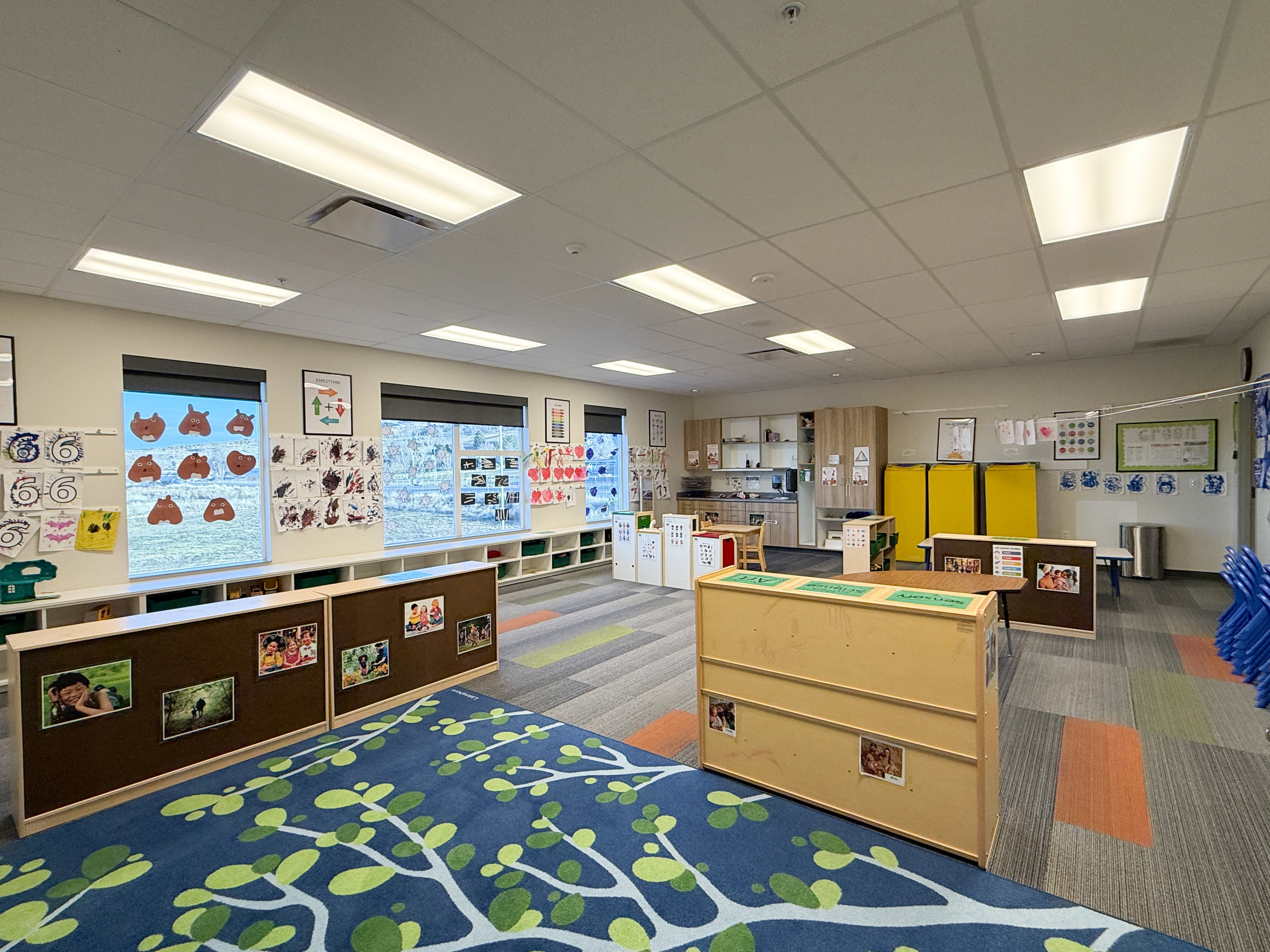 Spacious room featuring multiple windows with roller shades, modular carpeting, and built-in shelving