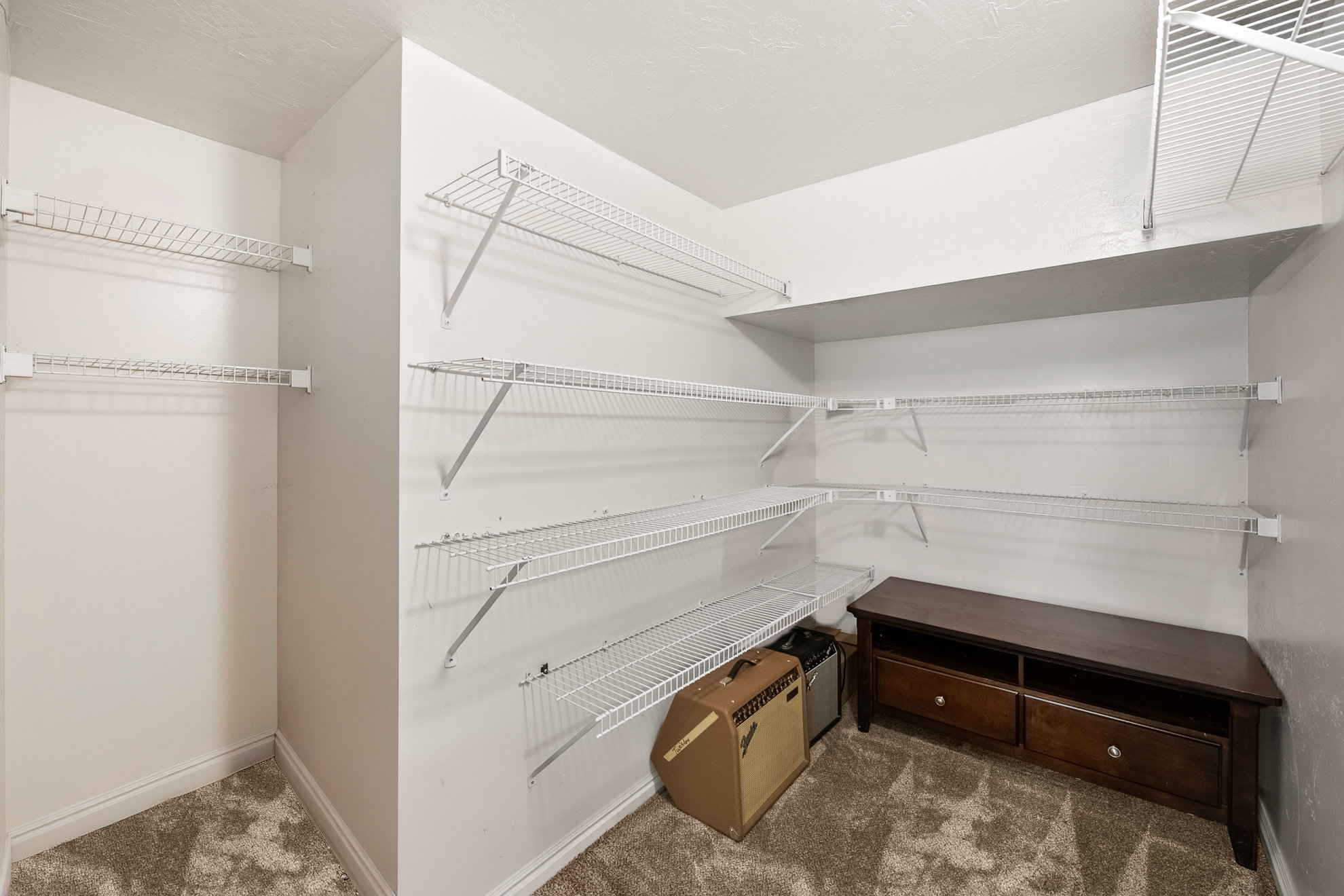 Spacious closet featuring white wire shelving, a large built-in shelf, and neutral carpeting