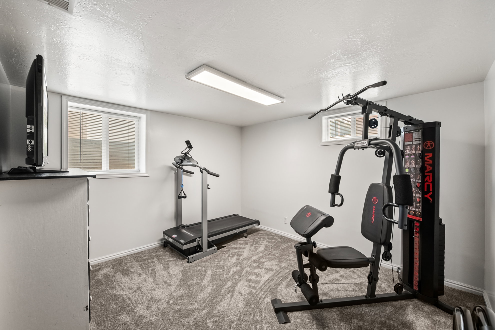 Carpeted room with light gray walls, two windows with blinds, and a rectangular ceiling light fixture