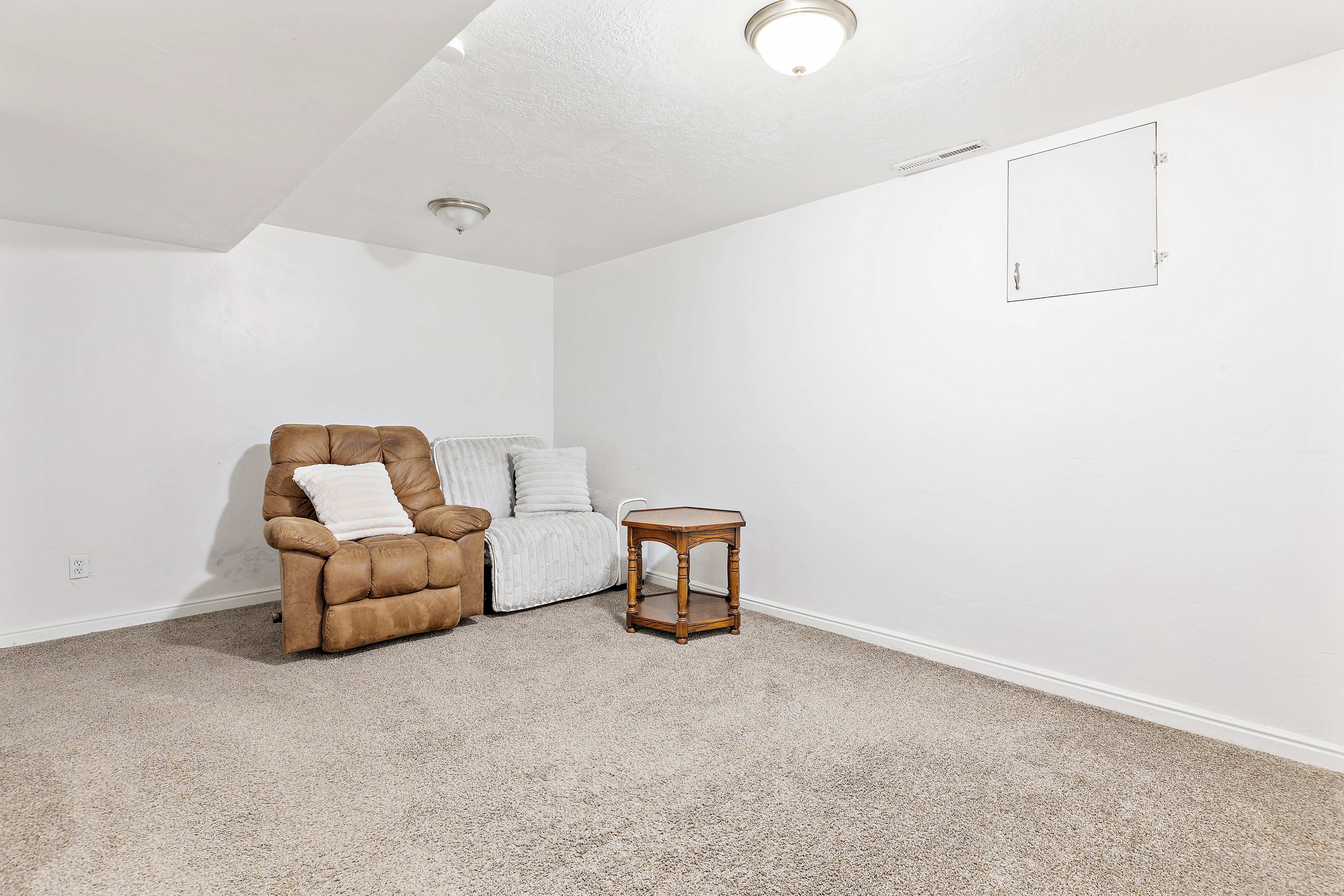 Carpeted room featuring white walls, white trim, and two flush-mount ceiling lights
