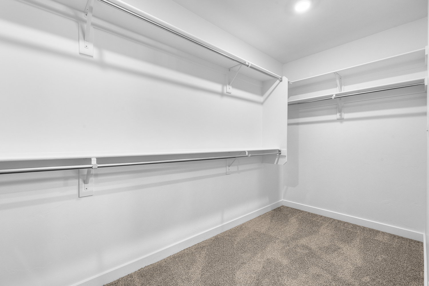 Walk-in closet featuring built-in shelving, hanging rods, recessed lighting, and carpet flooring