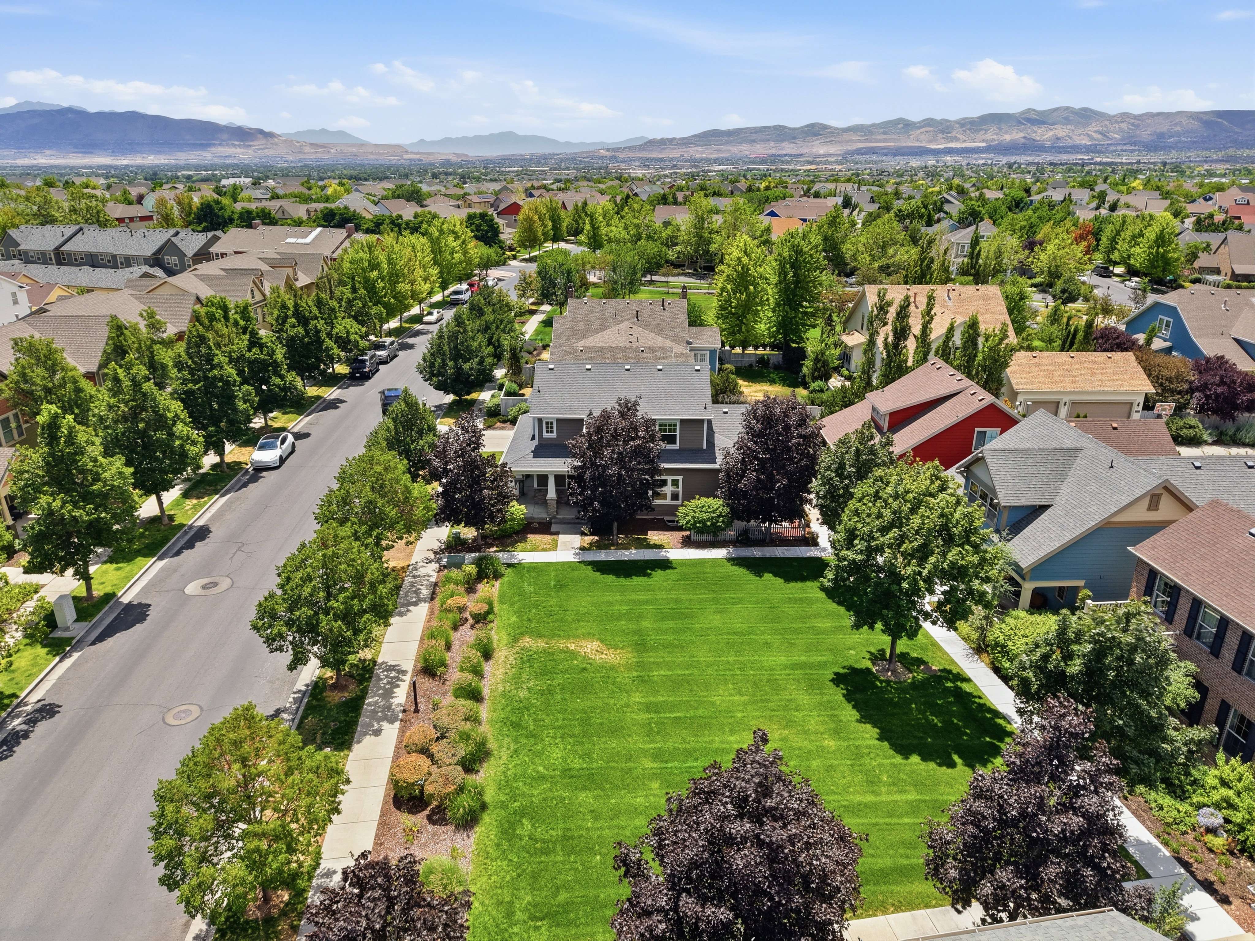 Expansive green lawn with established trees and shrubbery, bordered by a concrete sidewalk and paved street