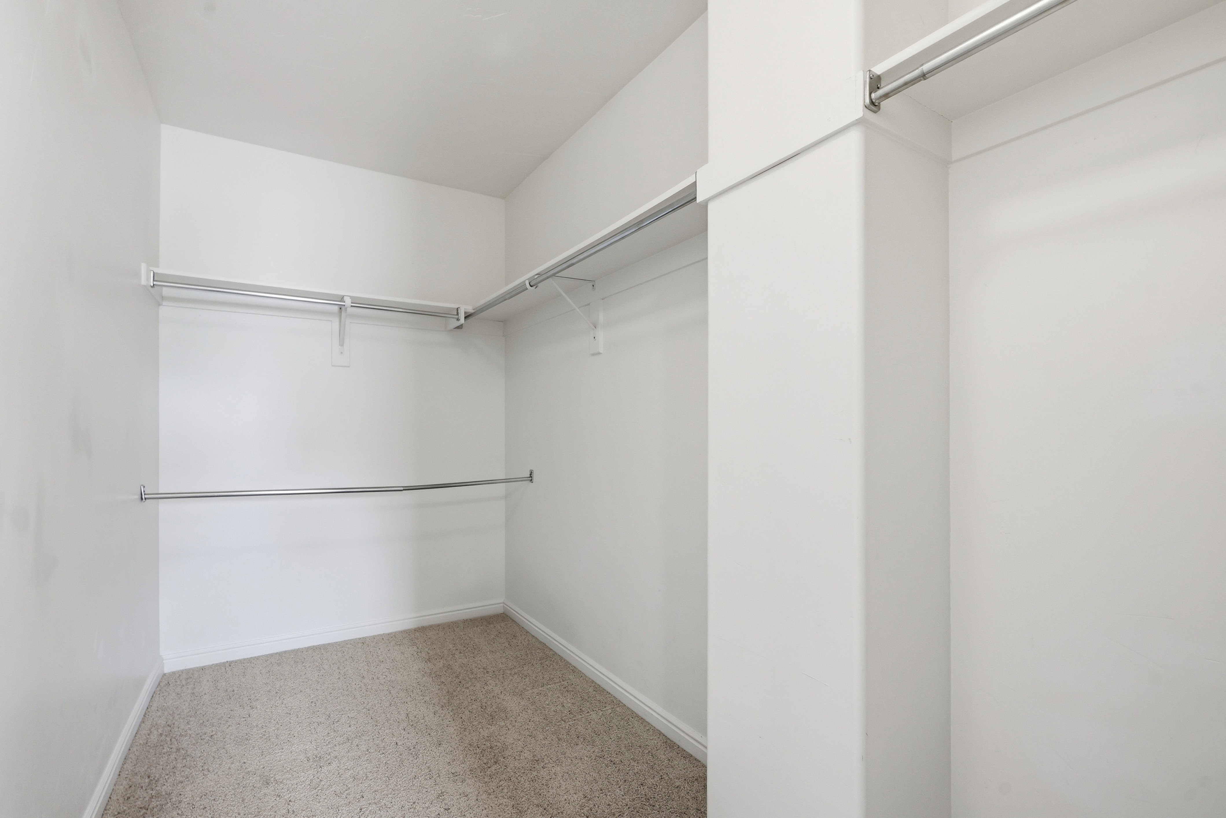 Walk-in closet featuring light beige carpet, white baseboards, and multiple chrome hanging rods