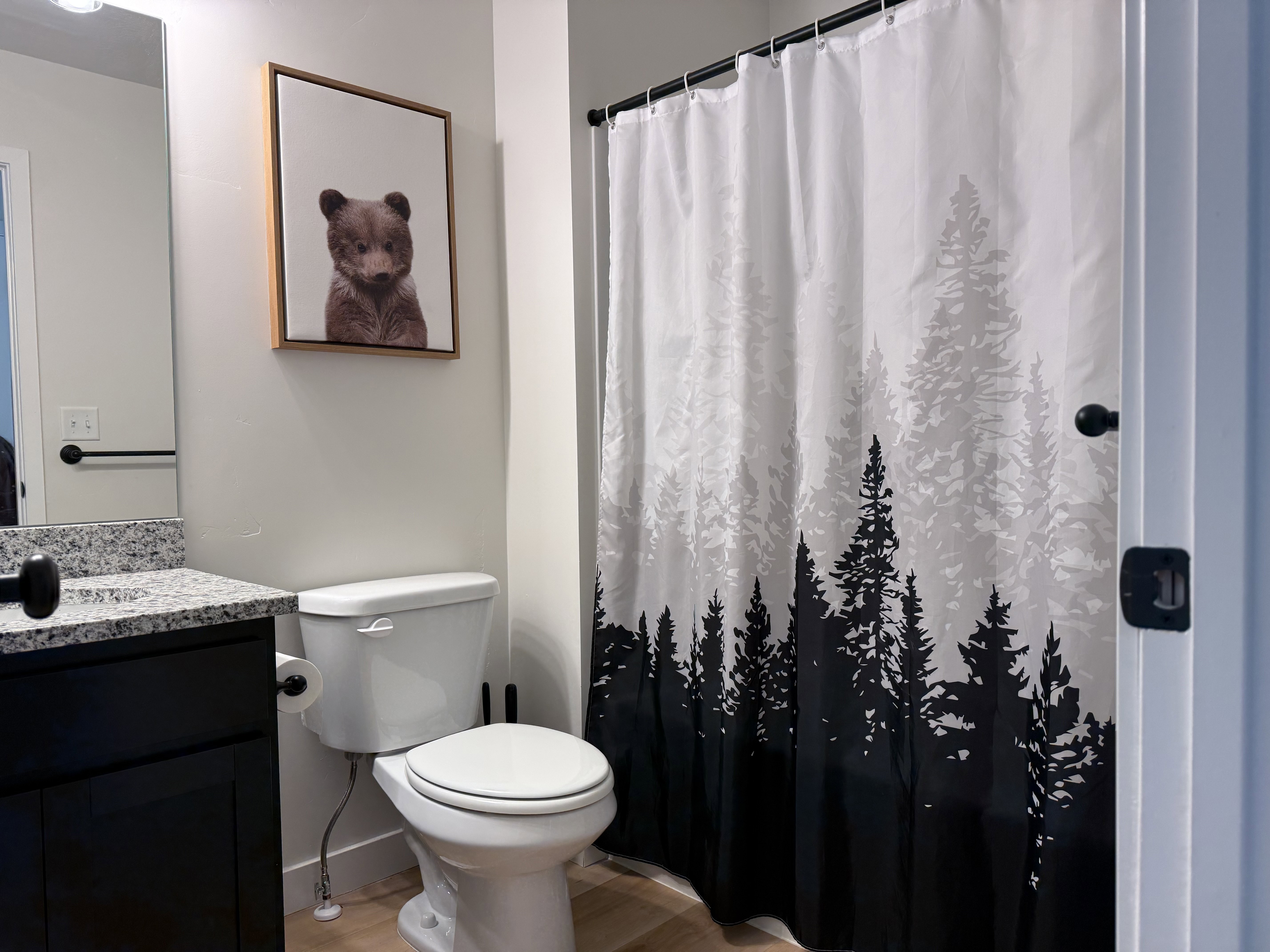 Bathroom featuring a dark wood-finish vanity with a light speckled countertop, a toilet, and light wood-finish flooring