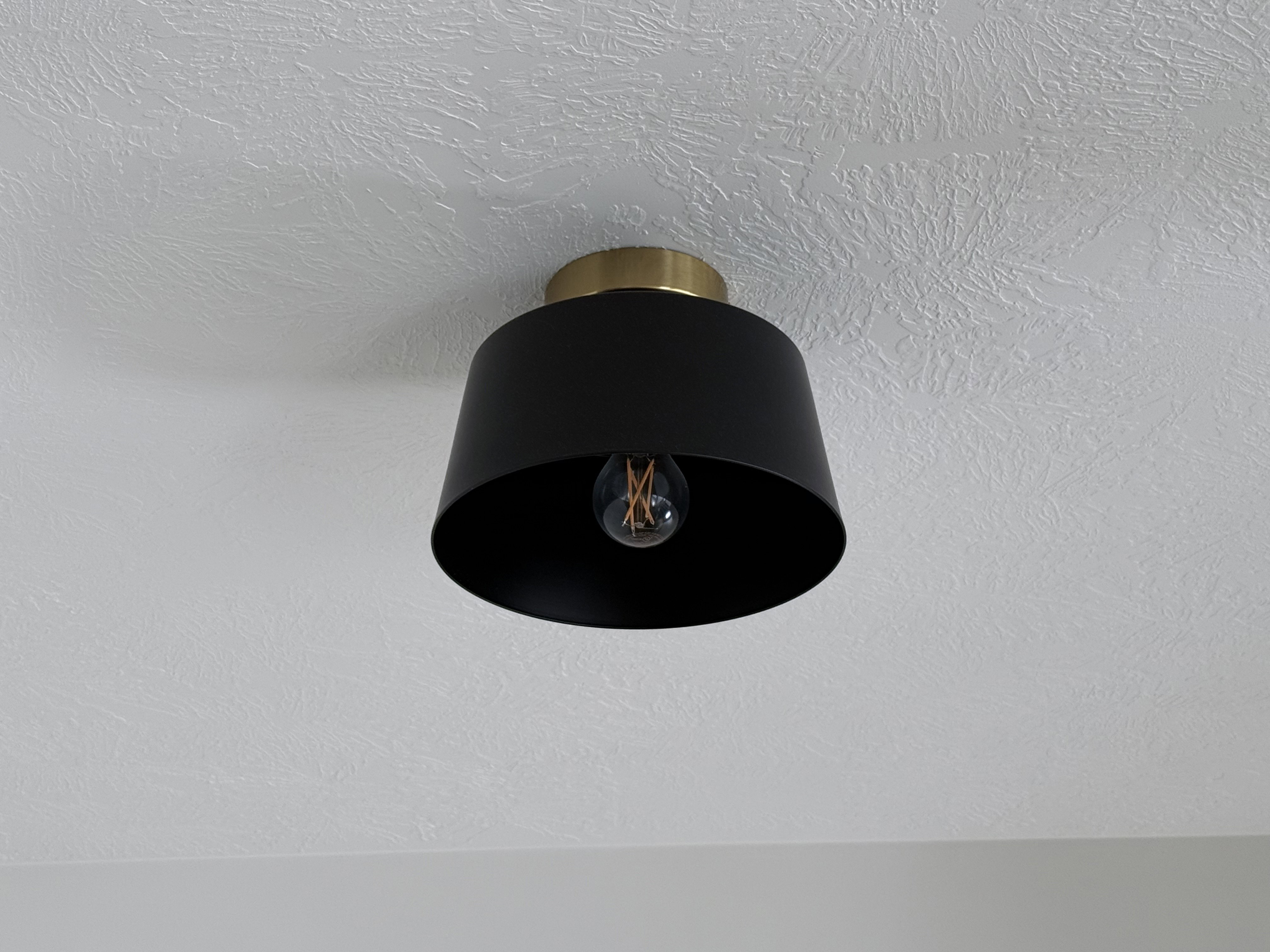Contemporary flush-mount light fixture with a matte black shade and brass-tone base