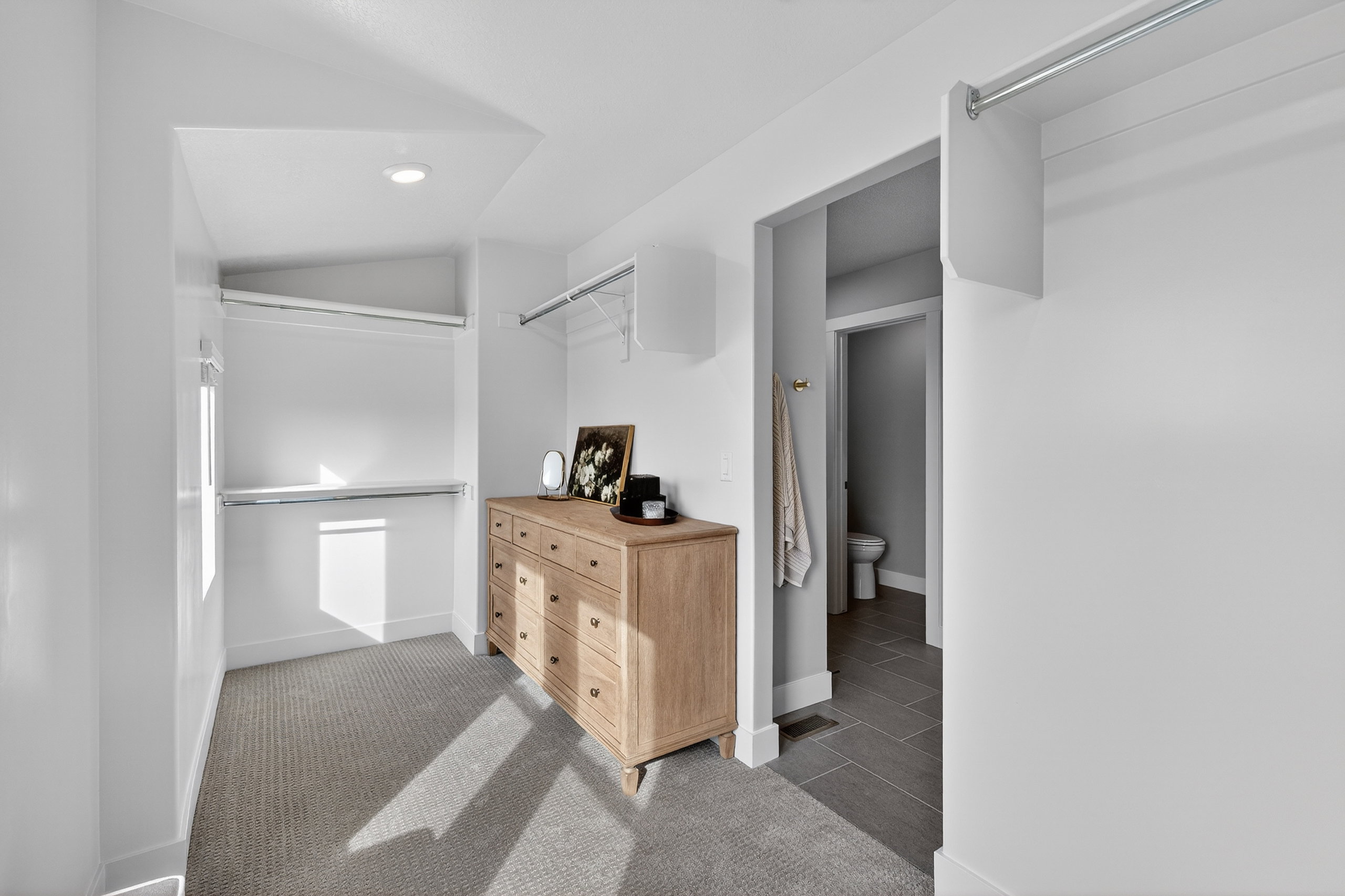 Walk-in closet featuring built-in shelving, hanging rods, recessed lighting, and grey carpeting