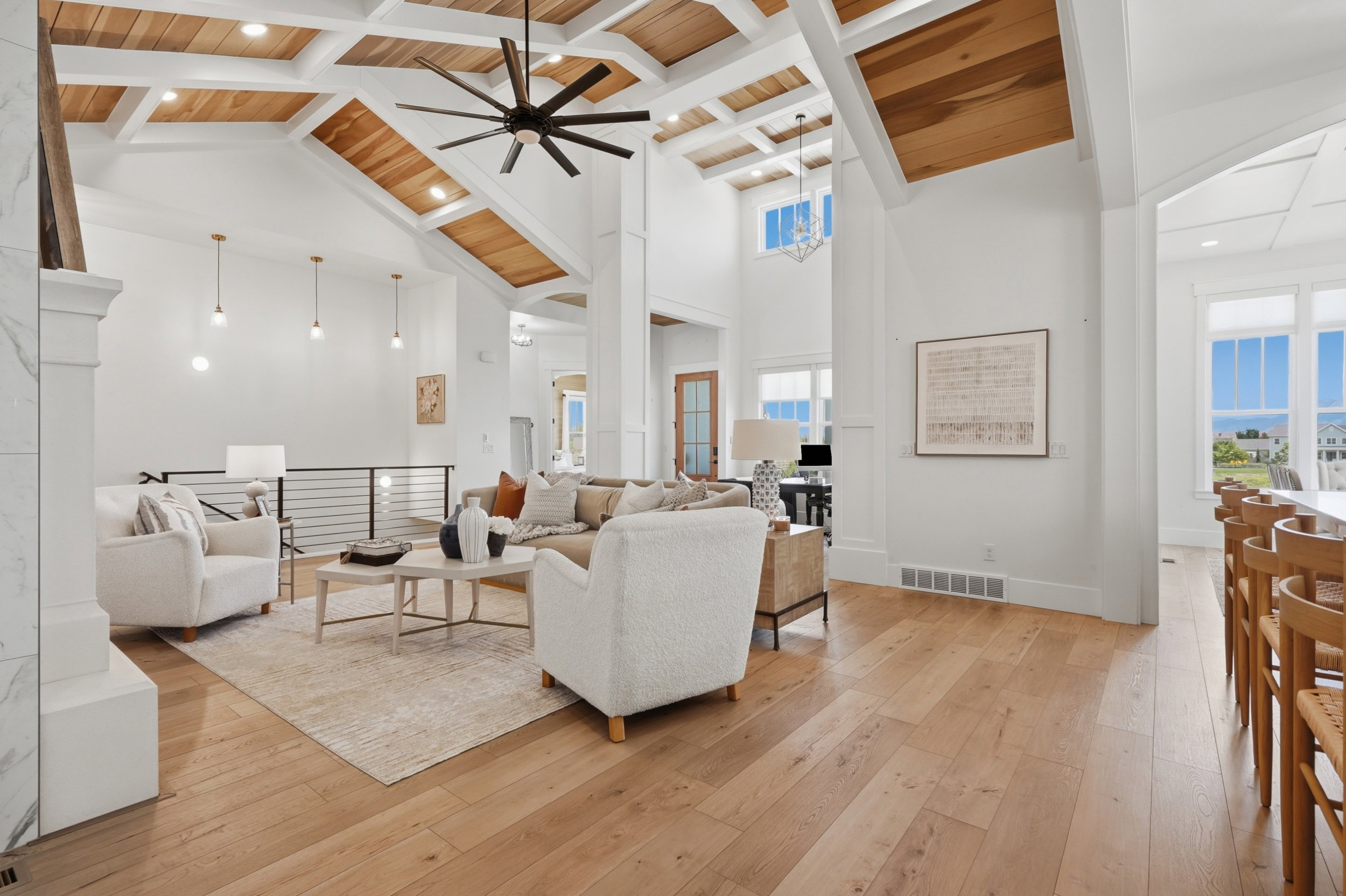 Vaulted ceiling featuring wood-finish beams and recessed lighting