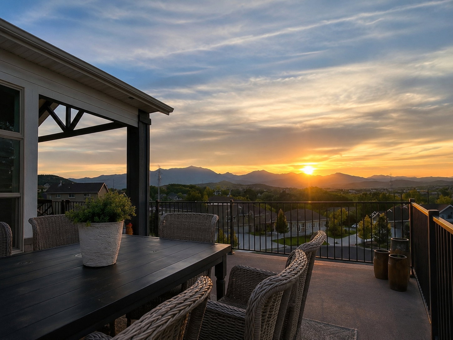 Expansive outdoor deck featuring a covered patio area and a black metal railing
