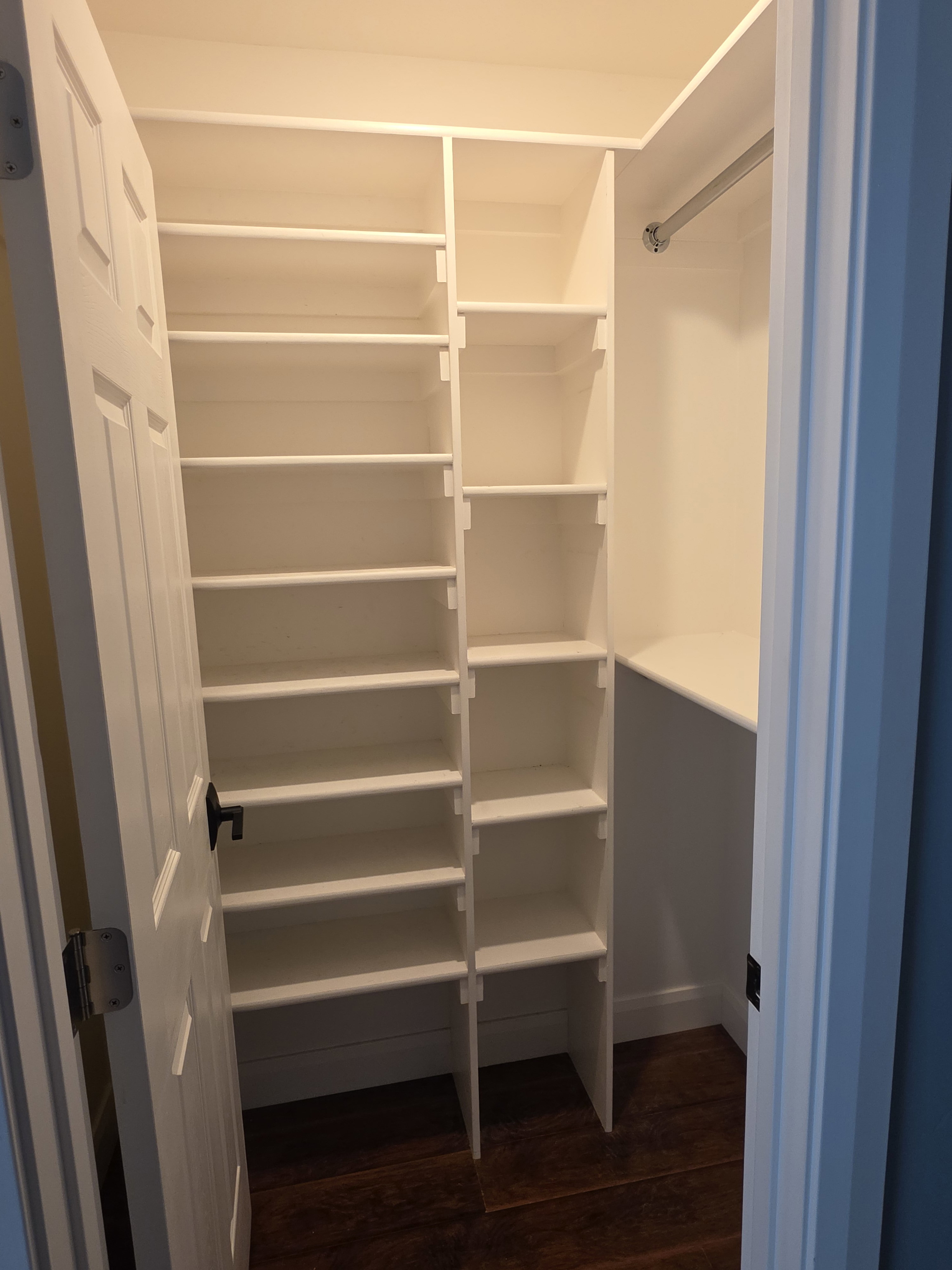 Walk-in closet featuring extensive built-in shelving, a hanging rod, rich wood-finish flooring, and a classic paneled door