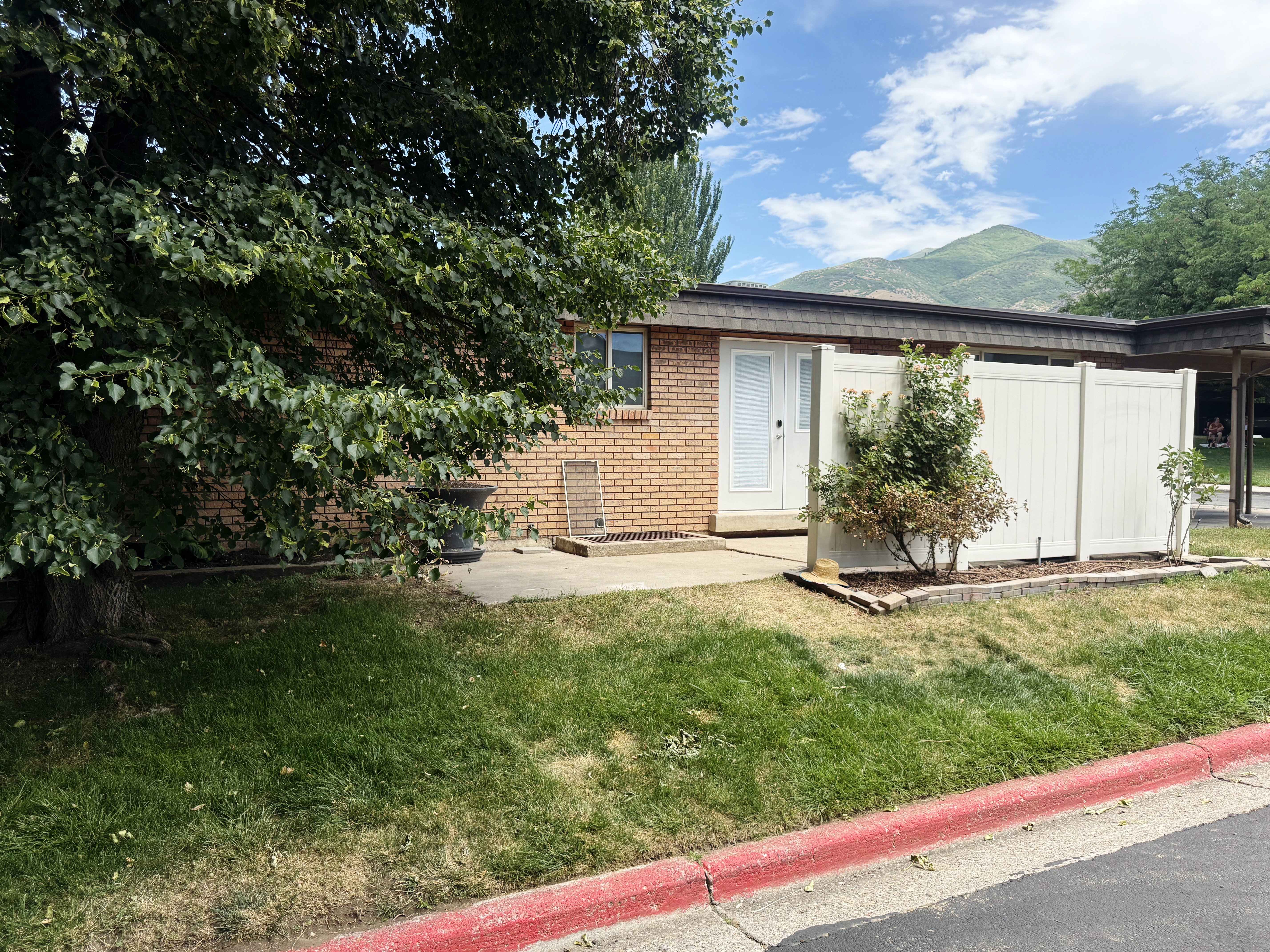 Brick facade property with a white entry door, framed by a mature shade tree and a white privacy fence