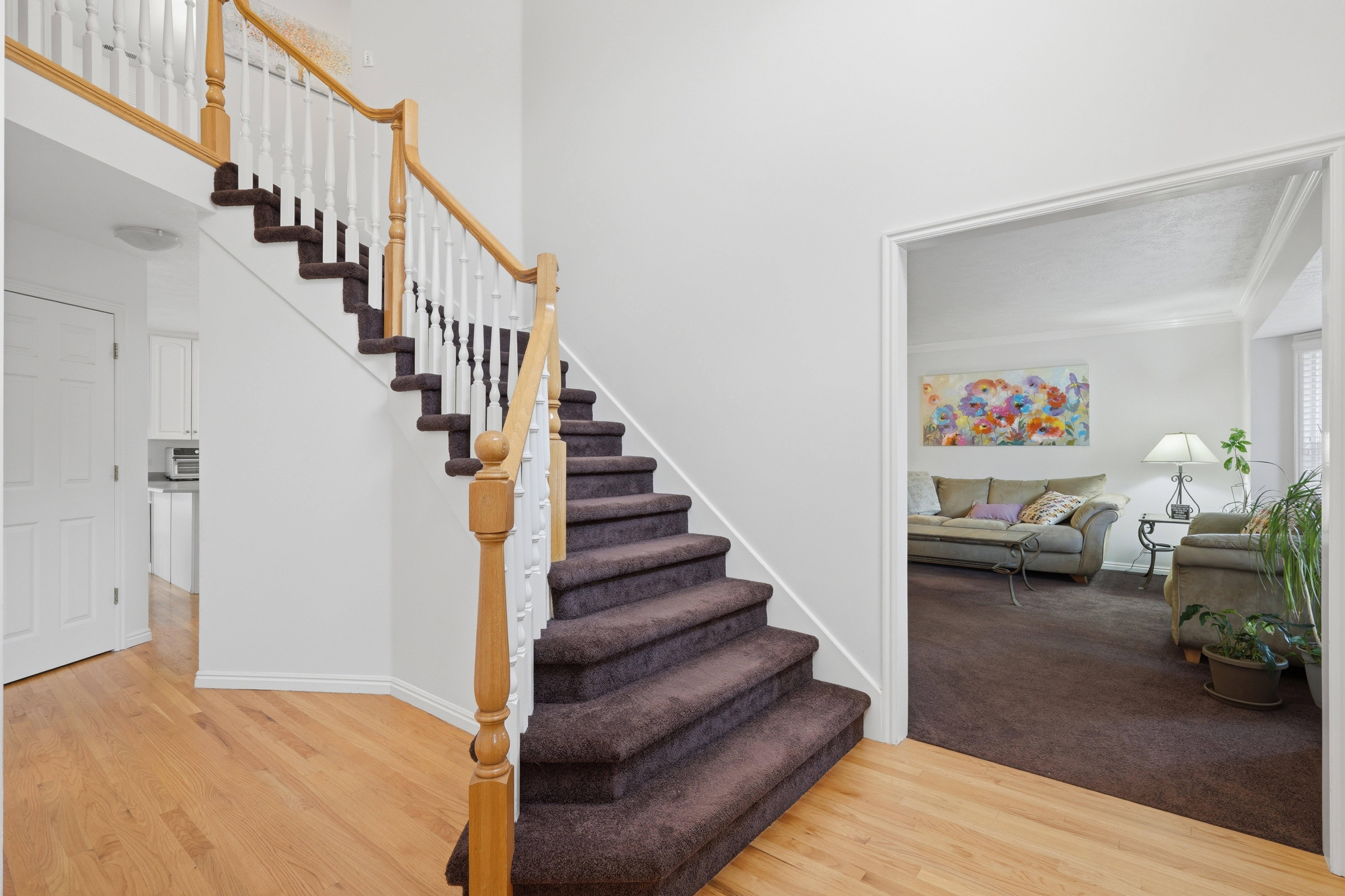 Hardwood flooring in the entryway, leading to a carpeted staircase with wood handrails and white balusters