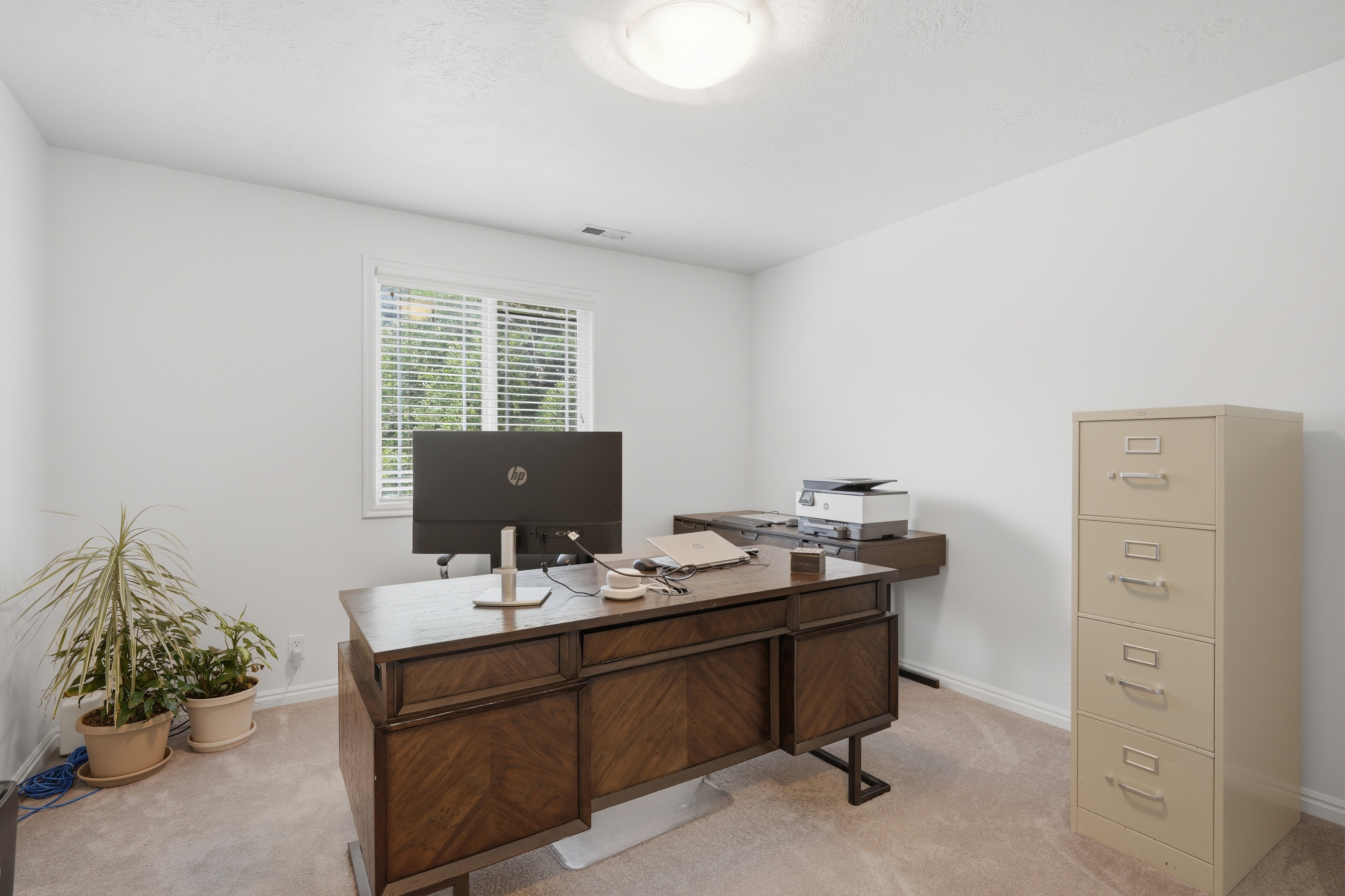 Carpeted bedroom with a window featuring horizontal blinds, white walls, and a ceiling-mounted light fixture