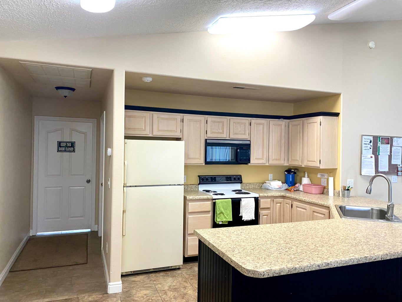 Kitchen featuring light wood-finish cabinetry with dark trim, a built-in microwave, an electric range, and laminate countertops
