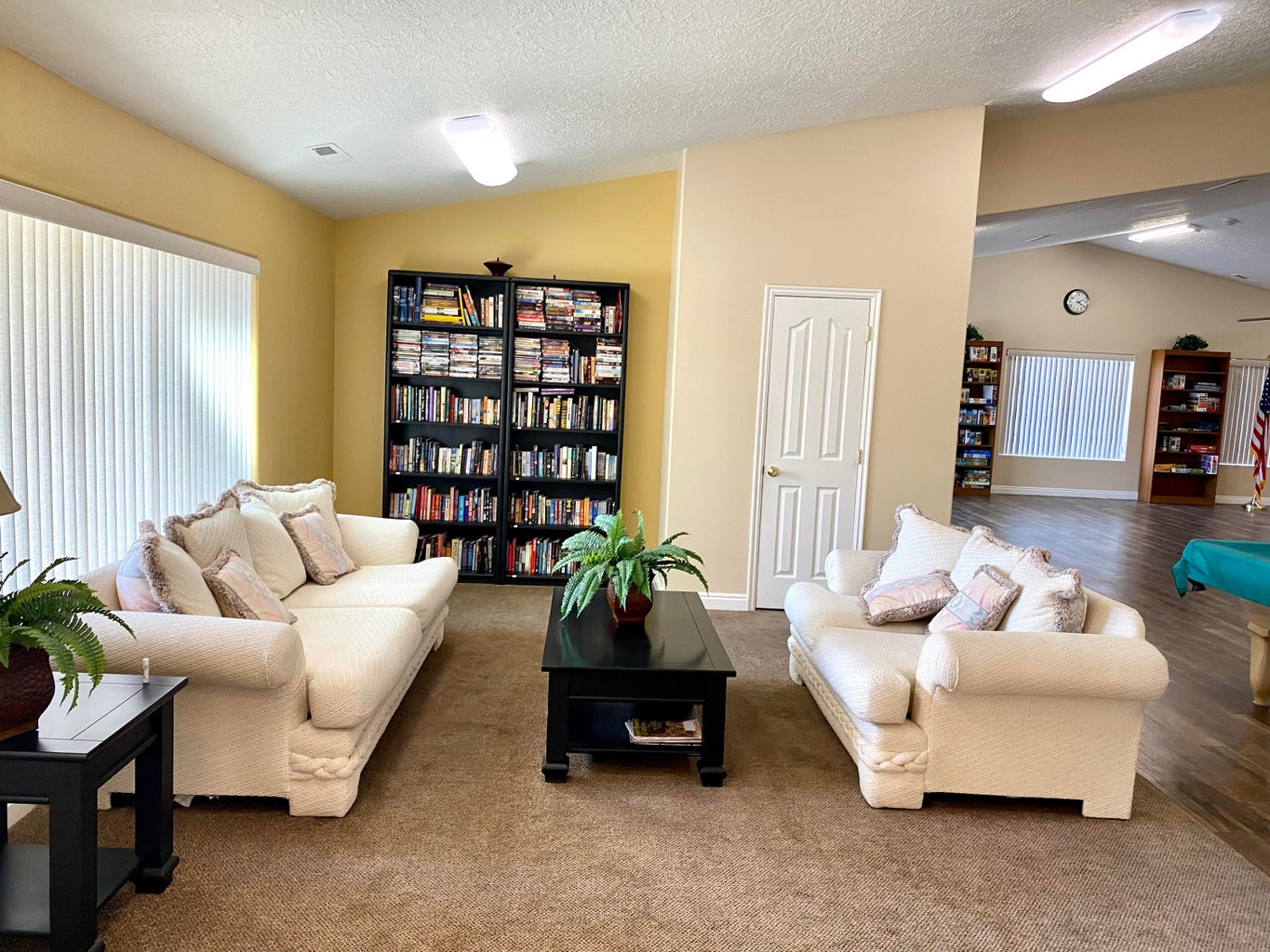 Carpeted living area featuring a large window with vertical blinds, light-colored walls, and built-in shelving