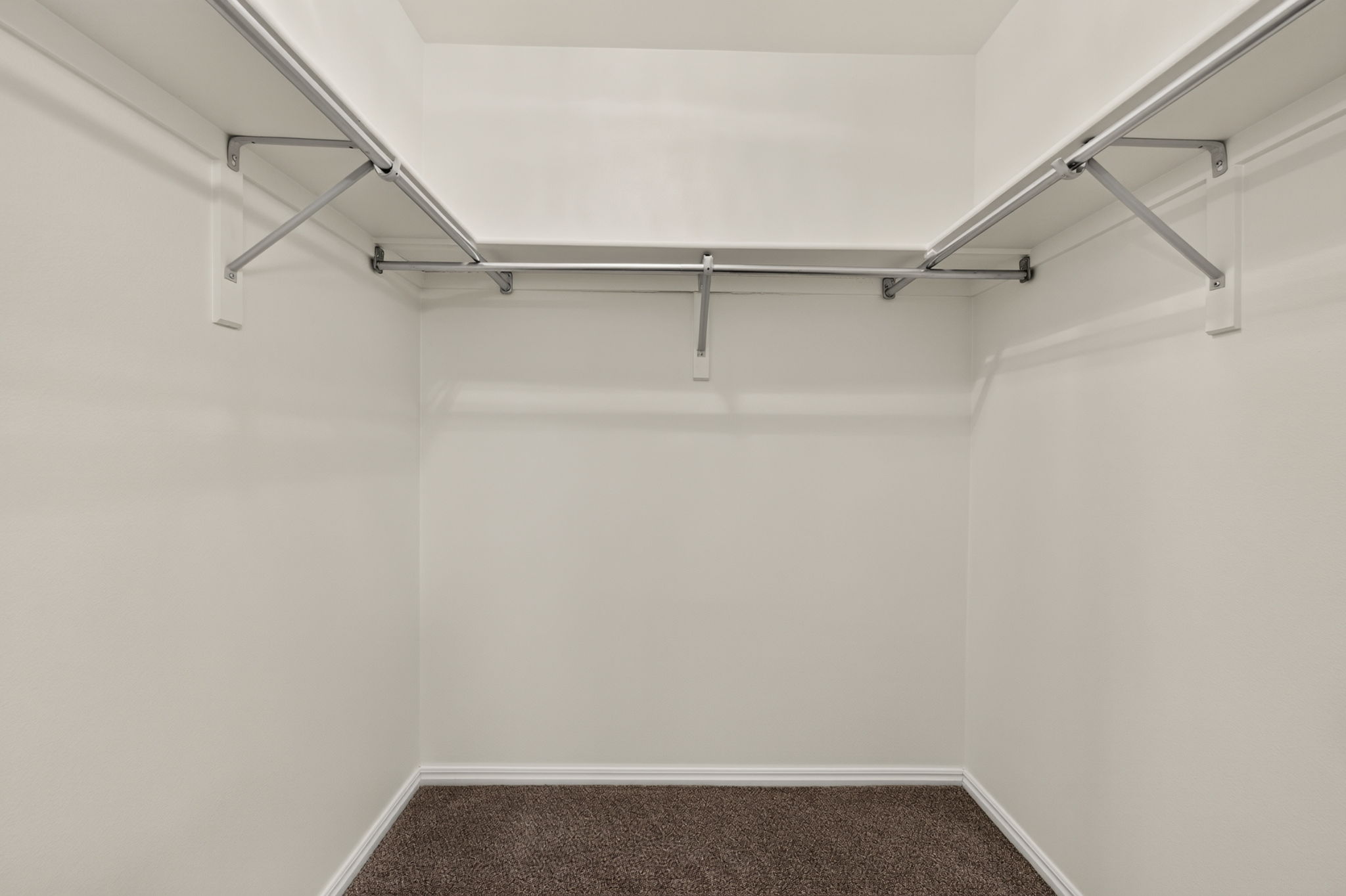 Walk-in closet featuring light-toned walls, contrasting dark carpet flooring, white baseboards, and built-in metal hanging rods