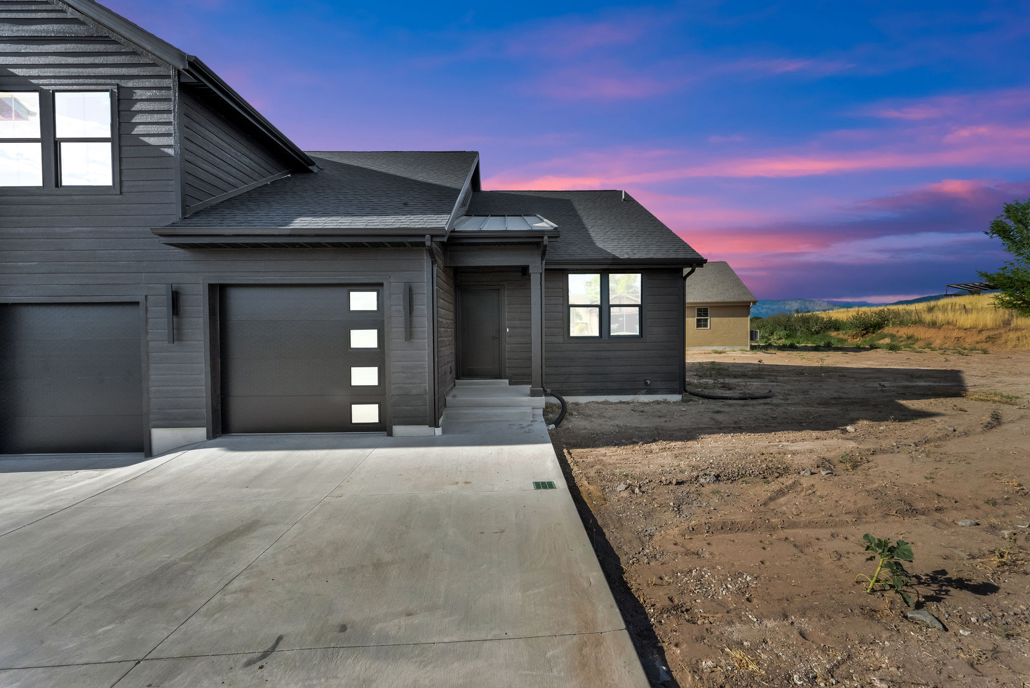 Contemporary exterior featuring dark horizontal siding, two garage doors, and a concrete driveway