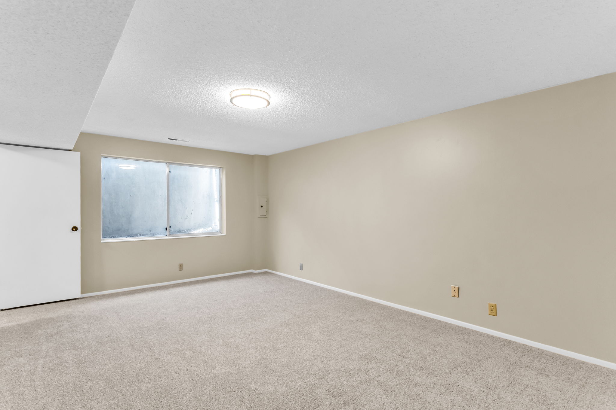 Spacious room featuring neutral carpet flooring, light beige wall paint, a large window, a flush-mount ceiling light fixture, and white baseboards