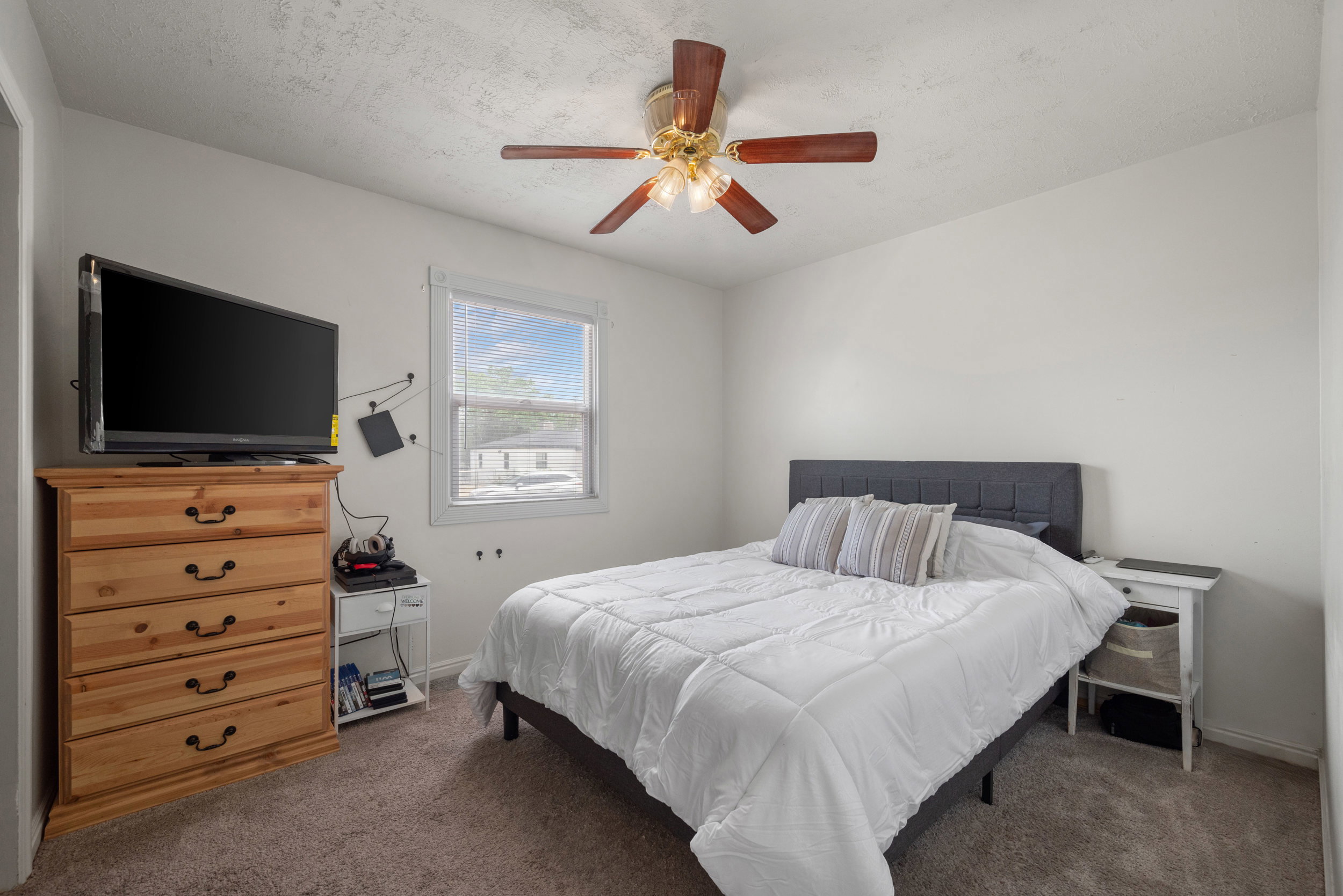 Carpeted bedroom featuring a ceiling fan with wood-finish blades, a white-framed window, and neutral wall tones