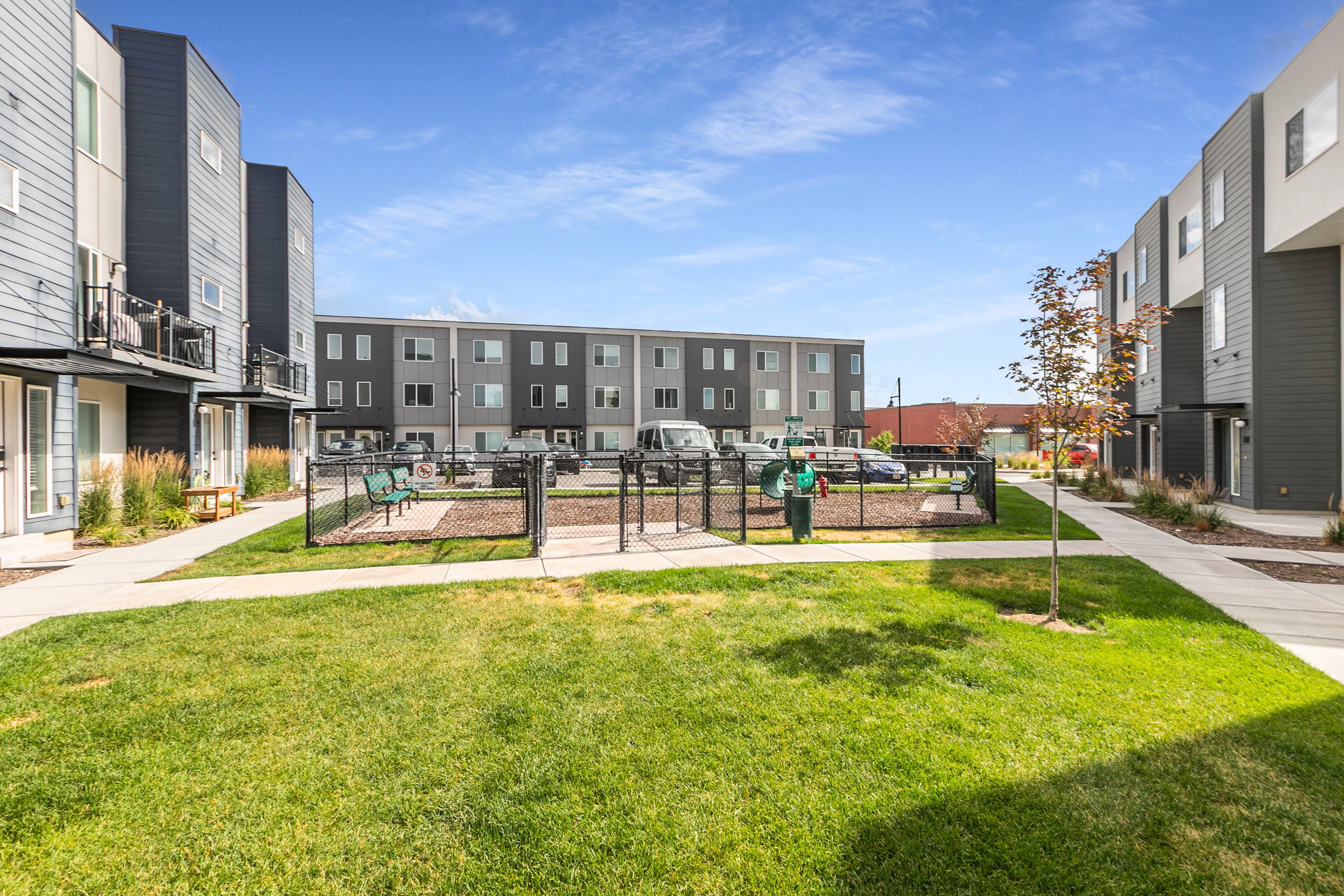 Community green space featuring a manicured lawn, paved walkways, and a fenced pet area with benches
