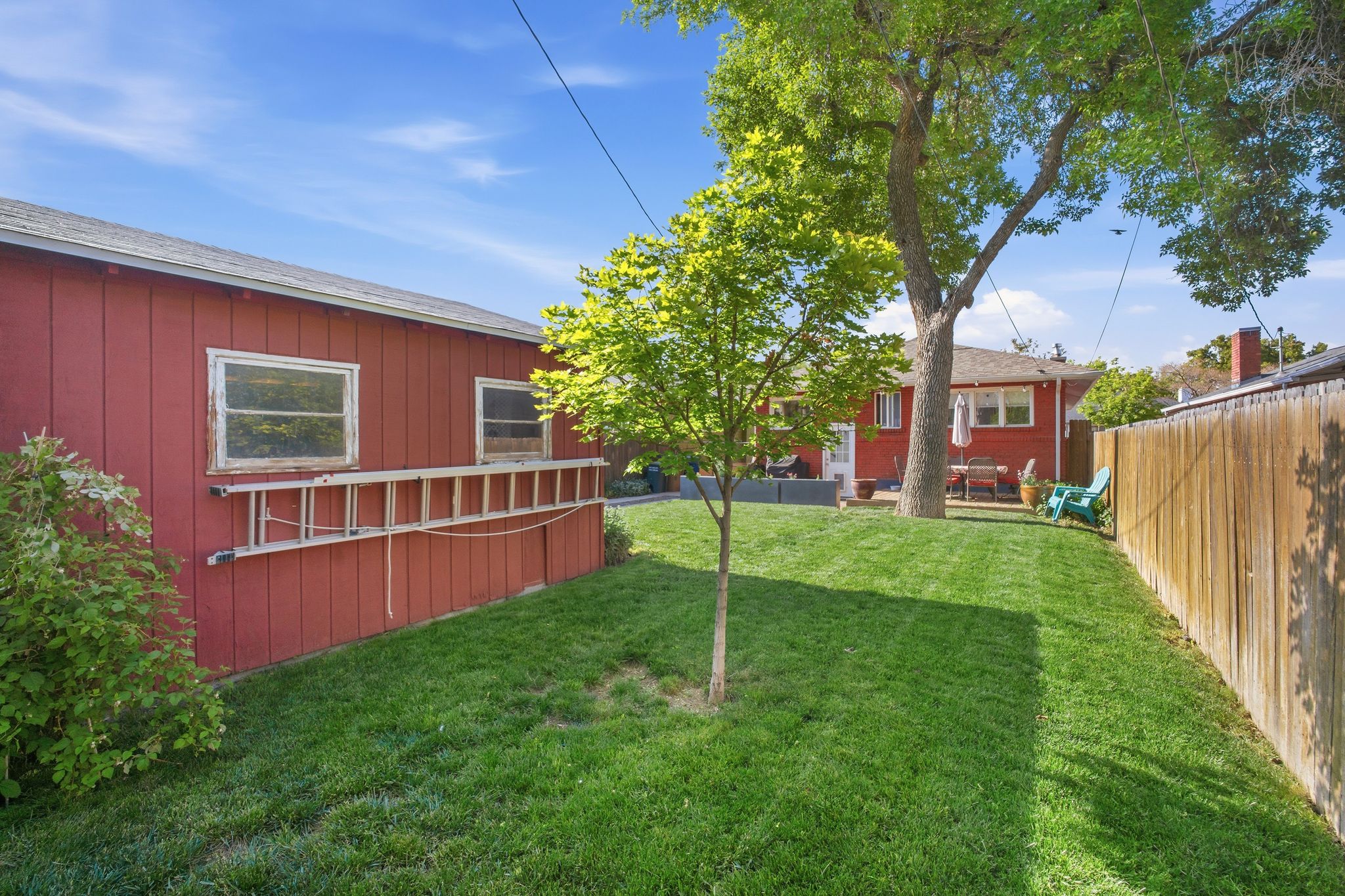 Expansive green lawn framed by a wooden privacy fence and a red siding structure