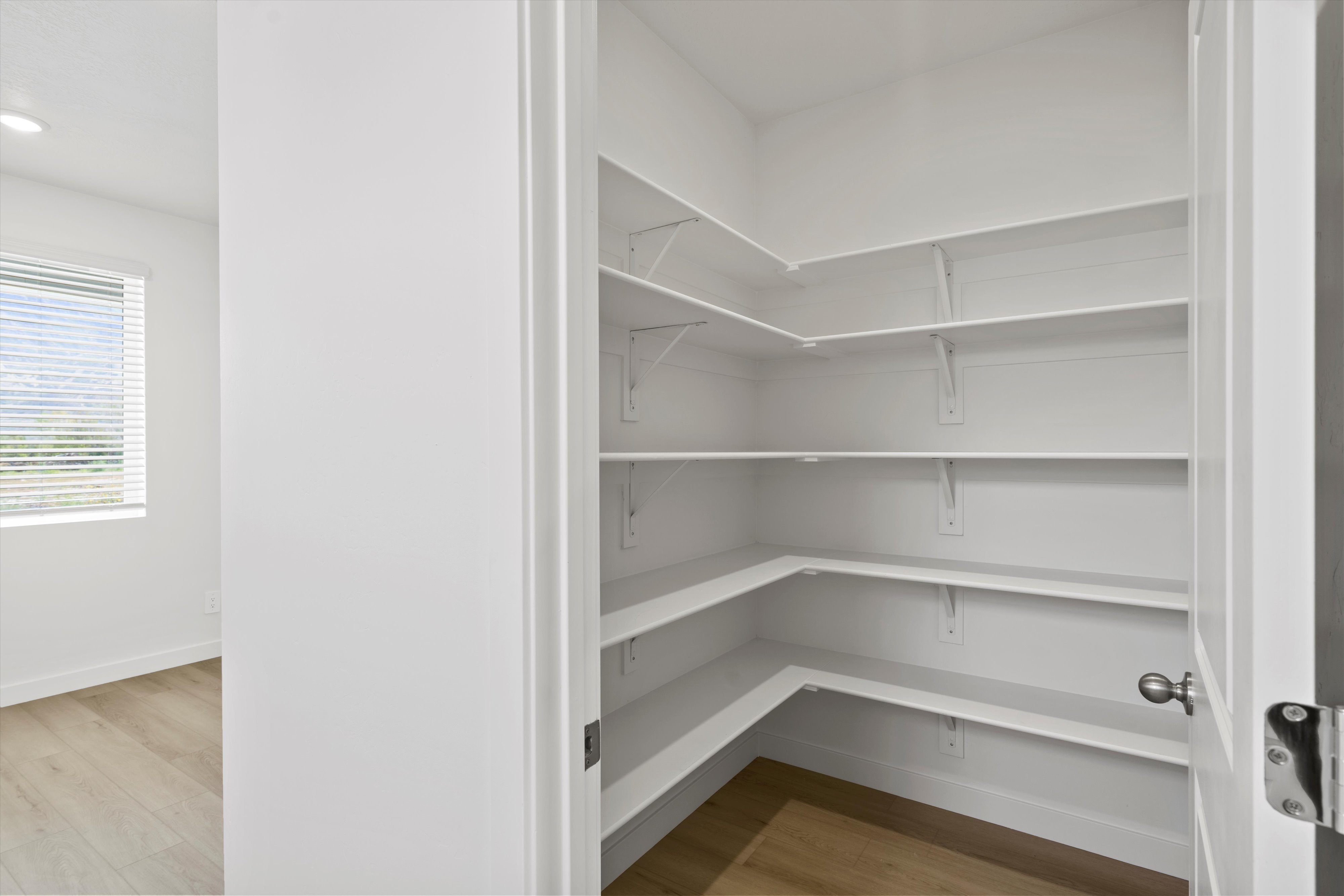 Walk-in pantry featuring white shelving, white walls, and wood-finish flooring
