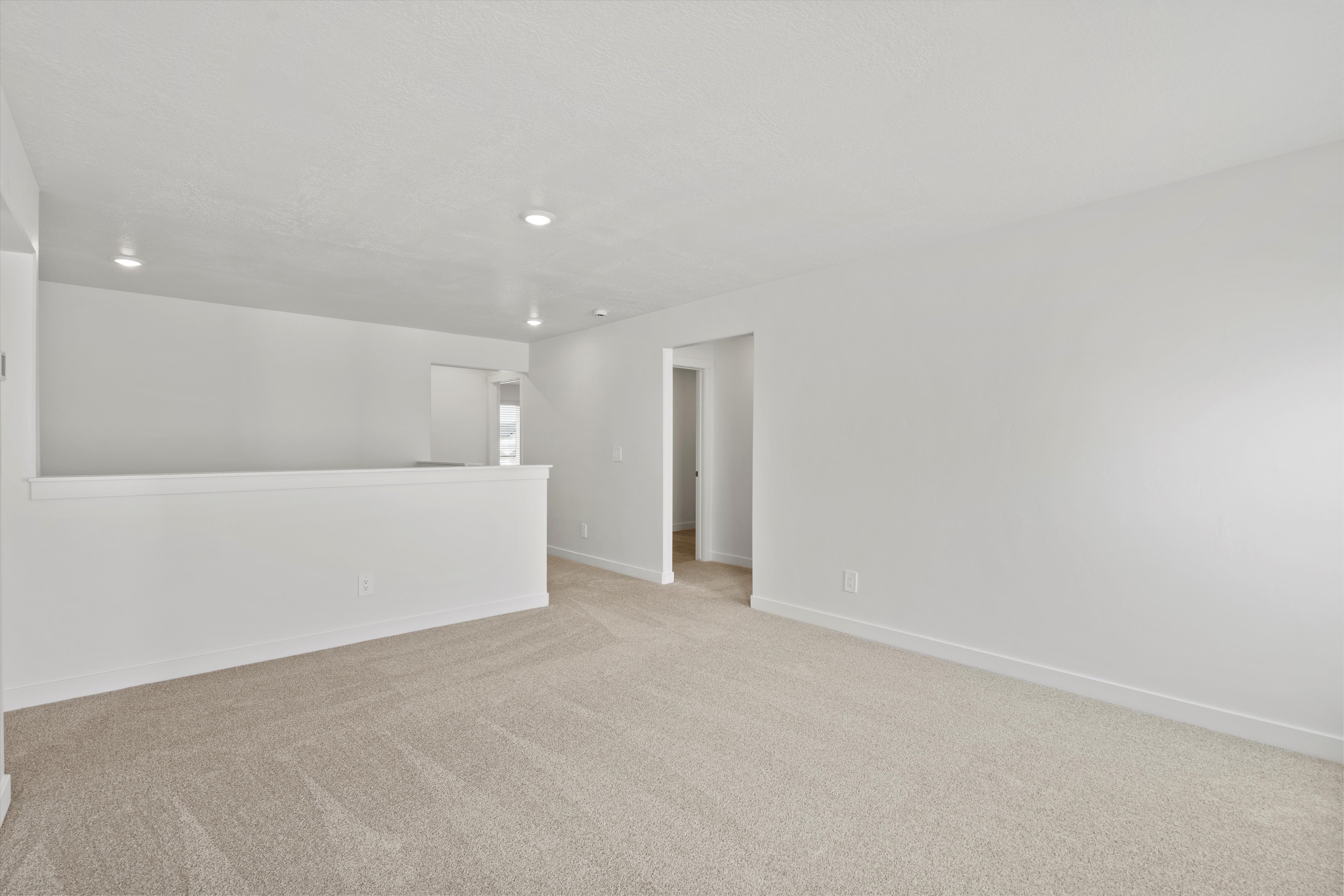 Carpeted living space featuring recessed lighting, a half-wall, and neutral wall paint