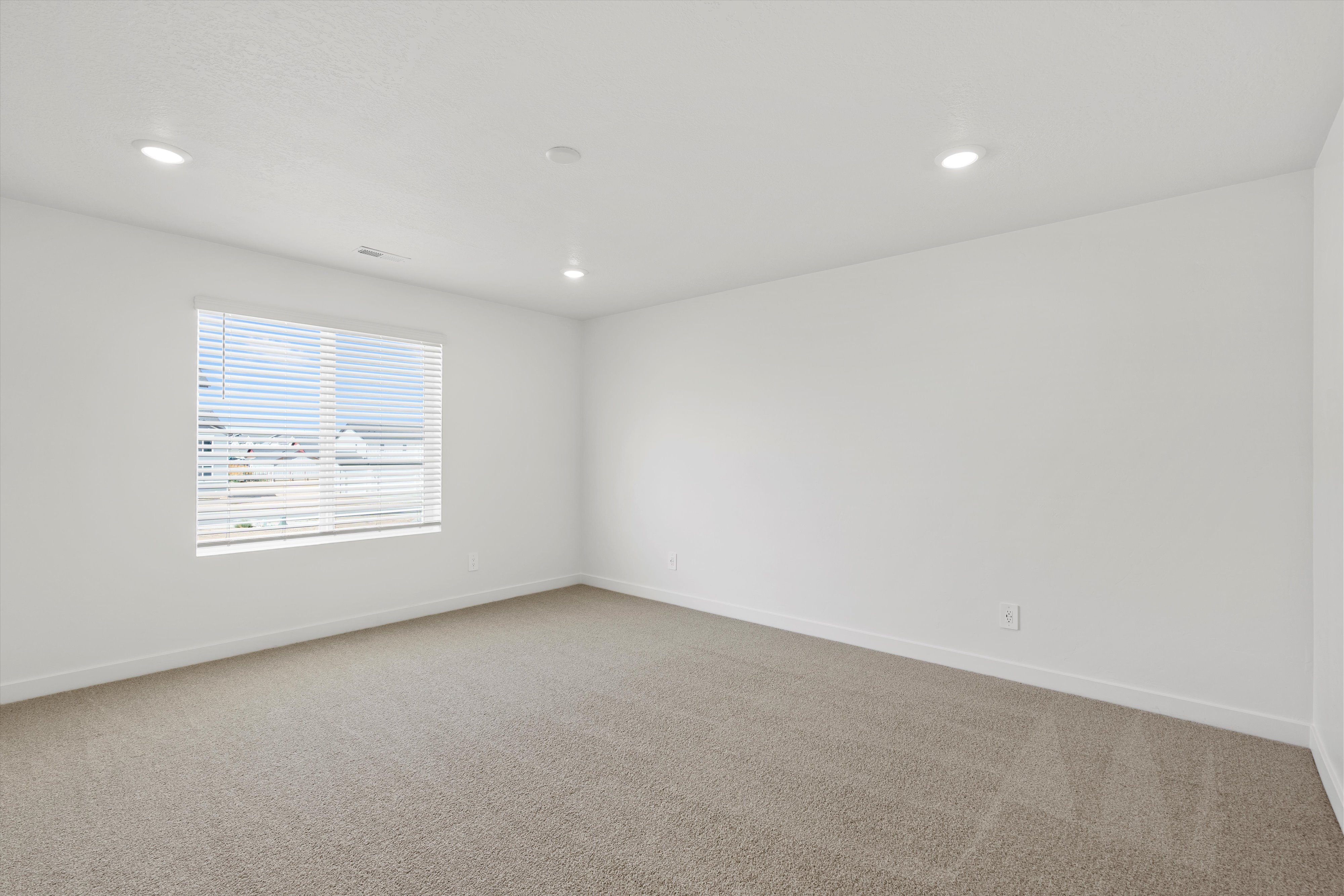 Room featuring neutral carpeting, a large window with horizontal blinds, and recessed ceiling lighting