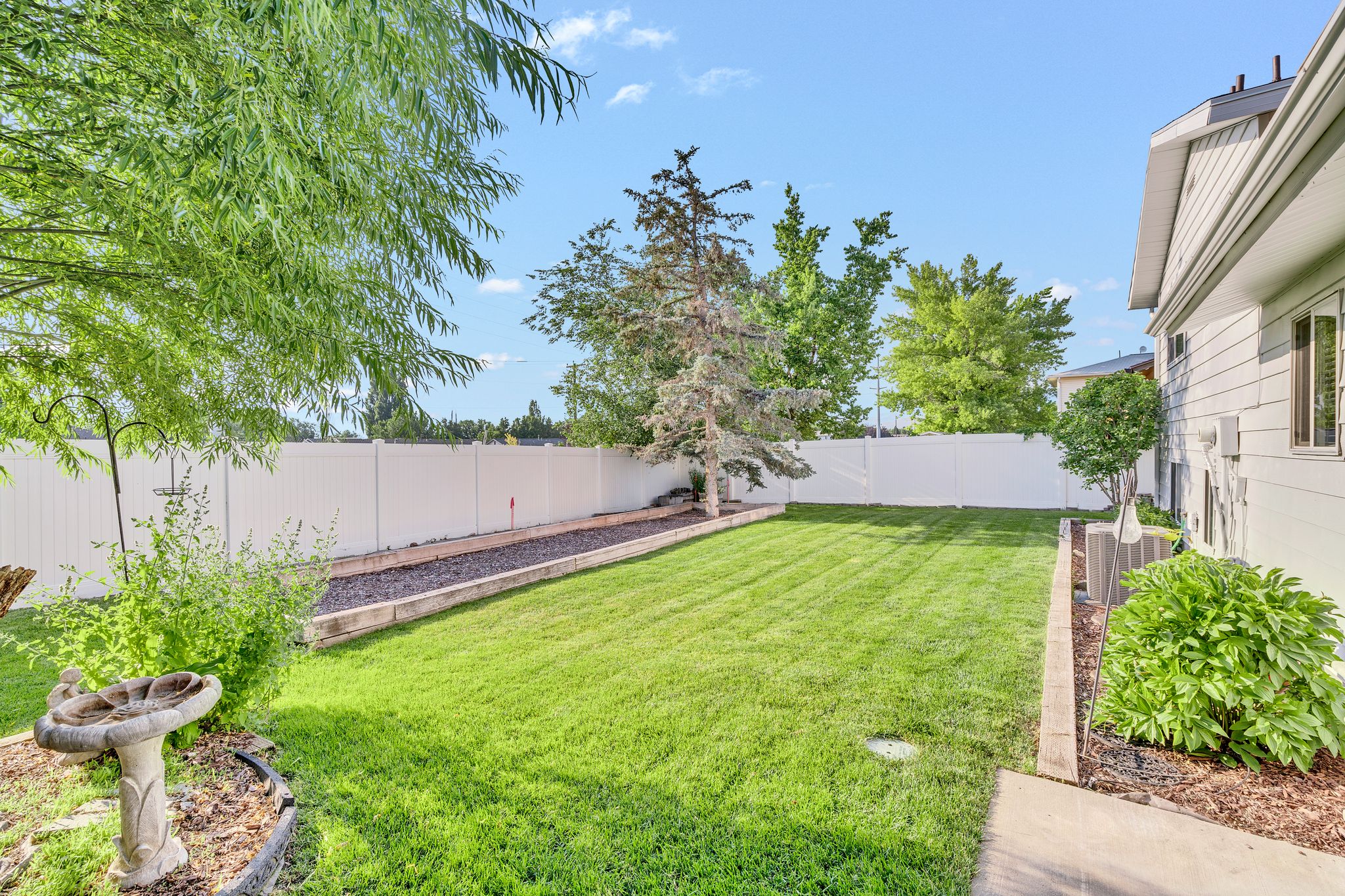 Expansive green lawn framed by a white privacy fence