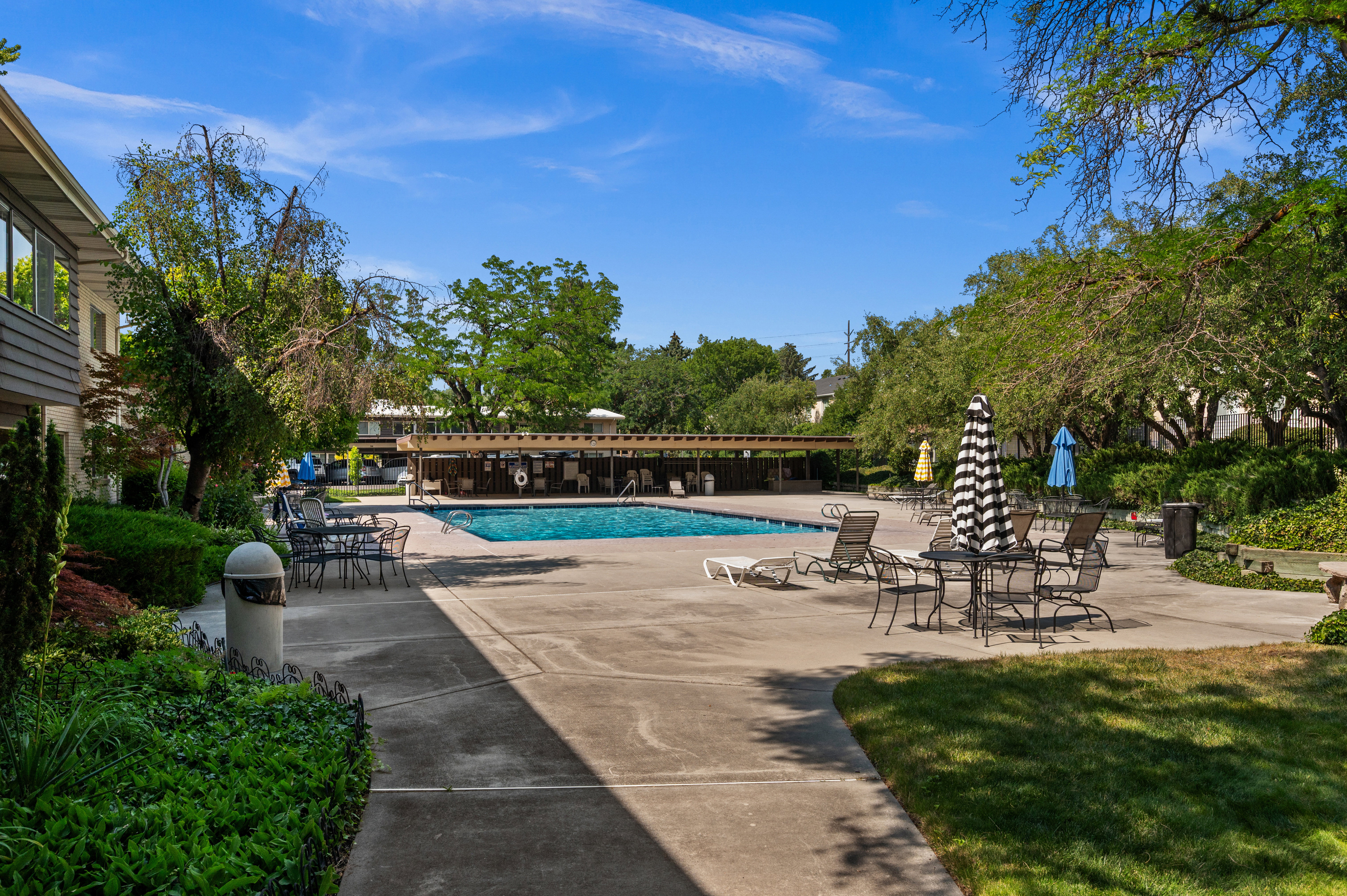 Outdoor swimming pool featuring a surrounding concrete deck, mature trees, and landscaping
