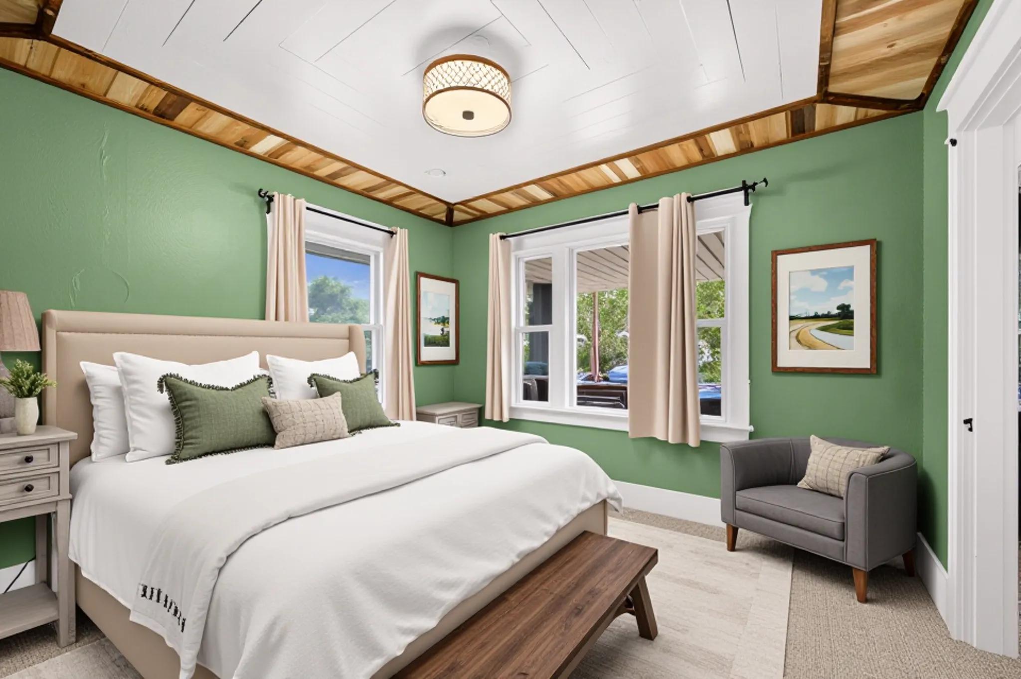 Spacious room featuring wood-finish flooring and a decorative ceiling with white panels and exposed wood beams