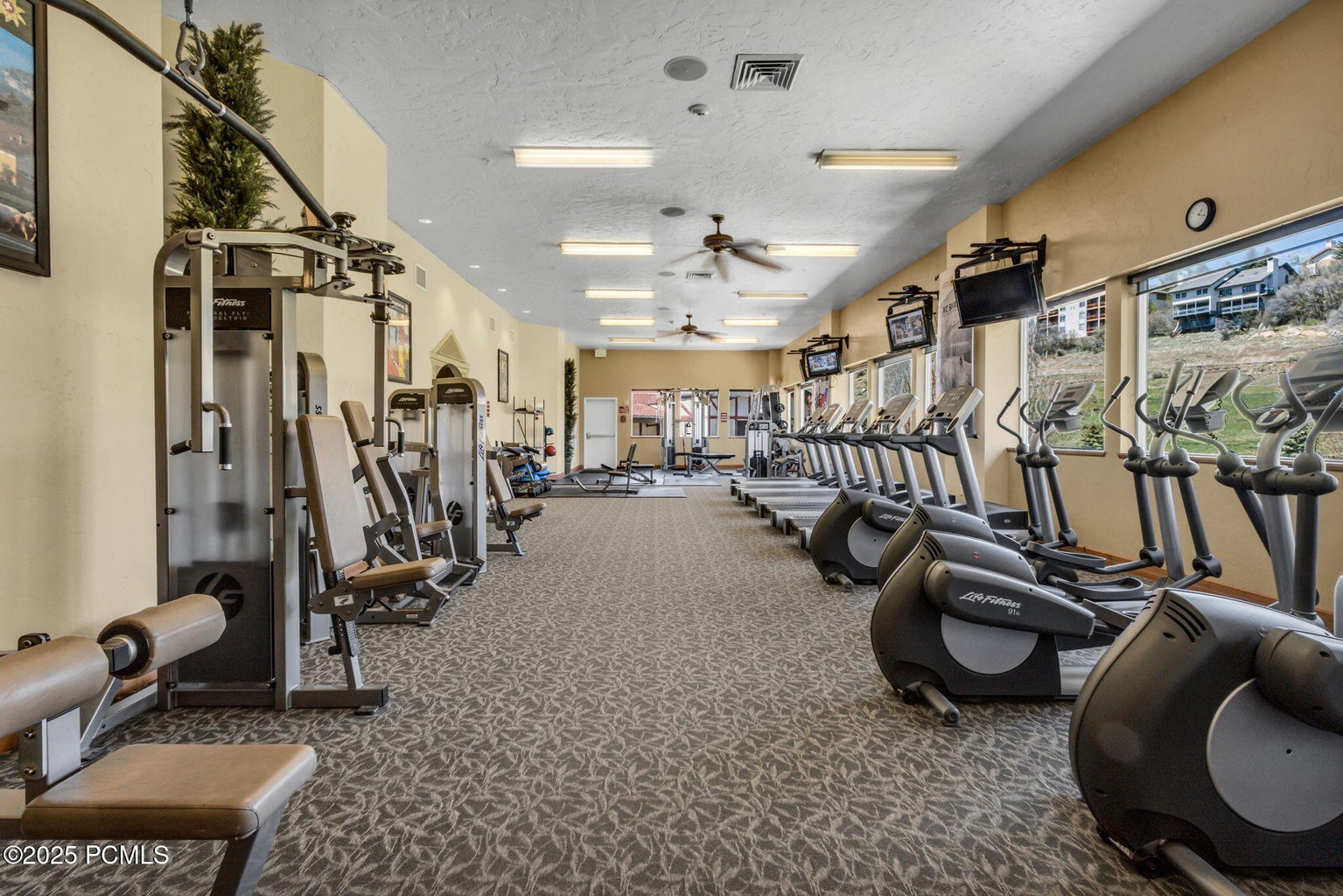 Fitness room with textured carpeting, multiple exercise machines, ceiling-mounted fans, and large windows