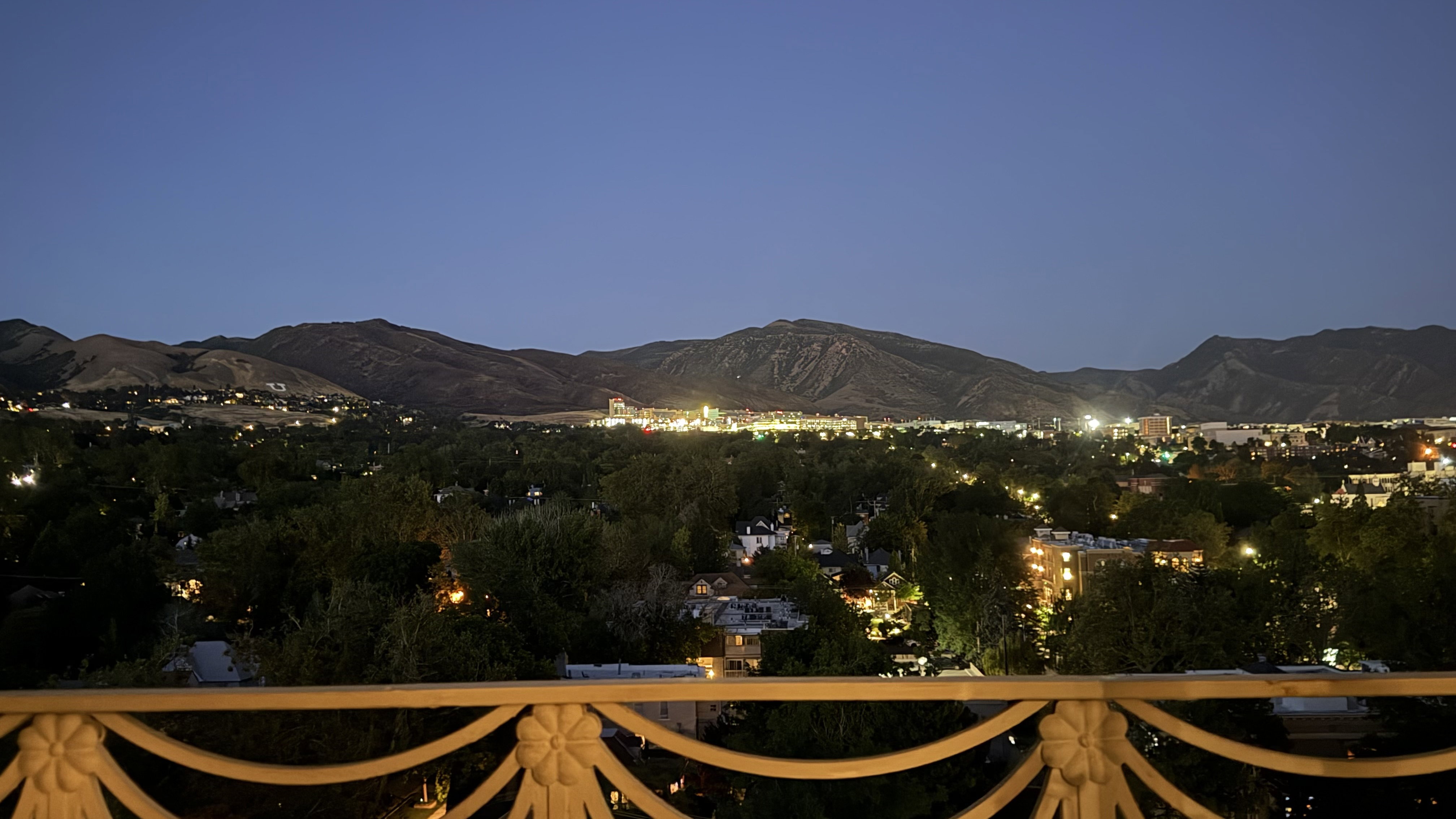 Cityscape with mountain backdrop, featuring illuminated urban areas and expansive tree canopy, framed by a decorative balcony railing