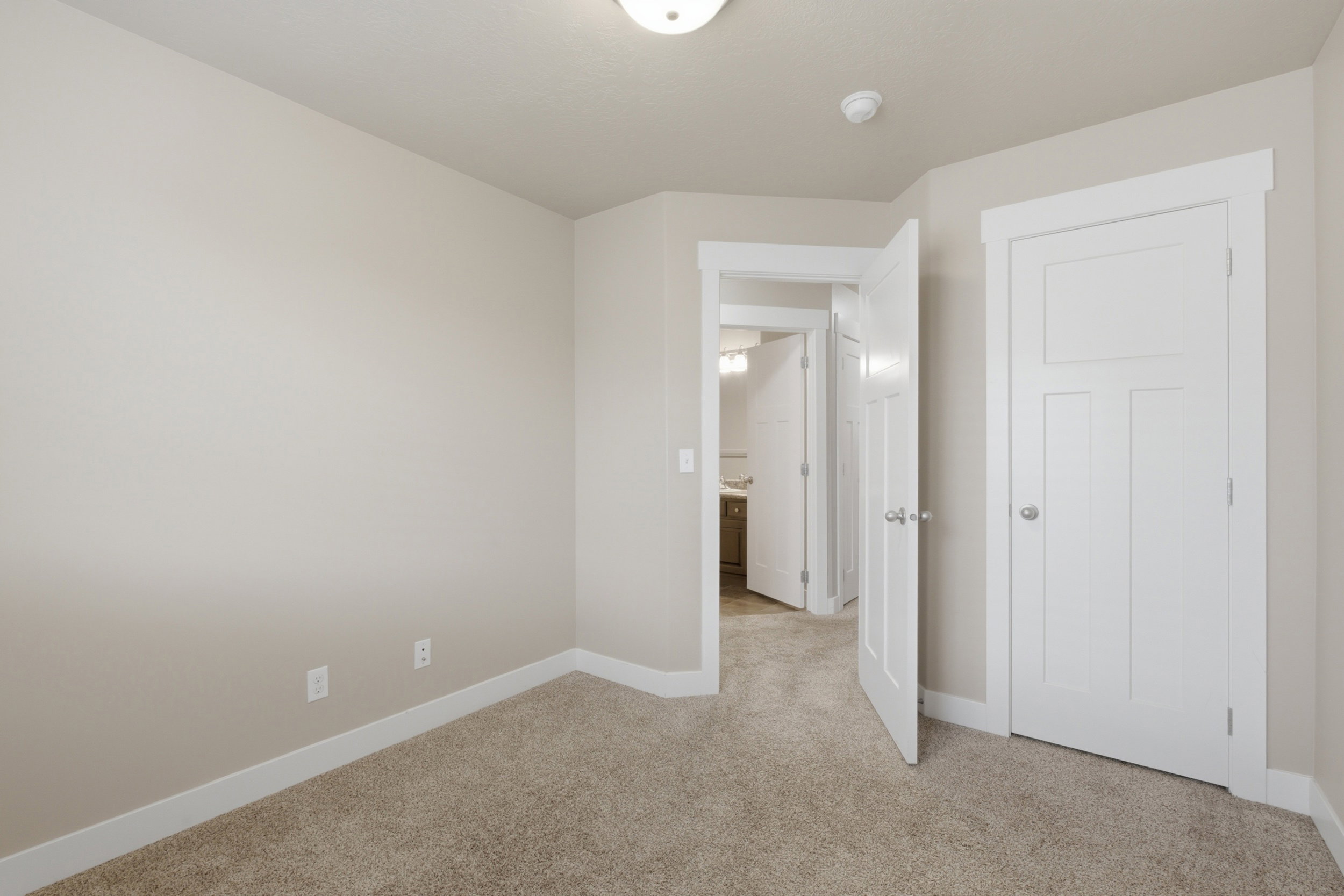 Carpeted room with neutral wall paint and white trim