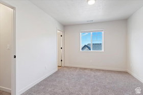 Spacious interior room featuring light gray carpeting and white painted walls