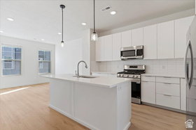 Modern kitchen featuring a large central island with an integrated sink, white cabinetry, stainless steel appliances, and tile backsplash