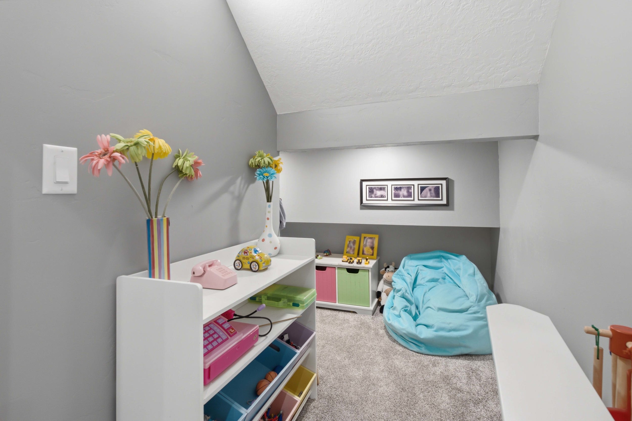 Carpeted interior area with grey walls and a white ceiling