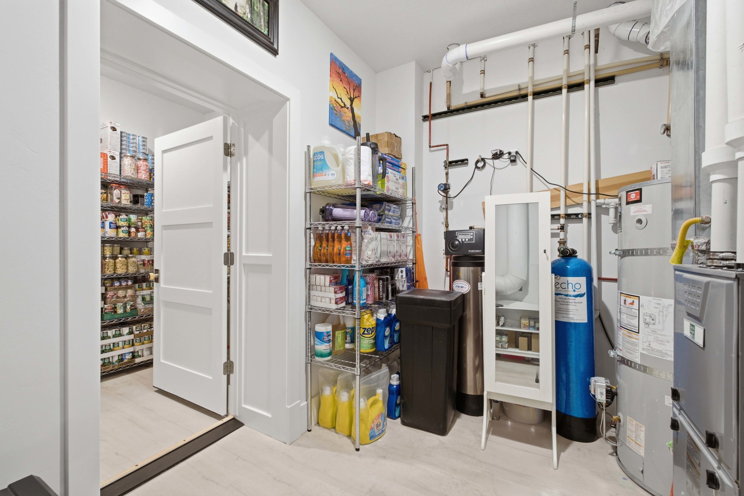 Utility area featuring a water heater, water filtration system, and exposed piping