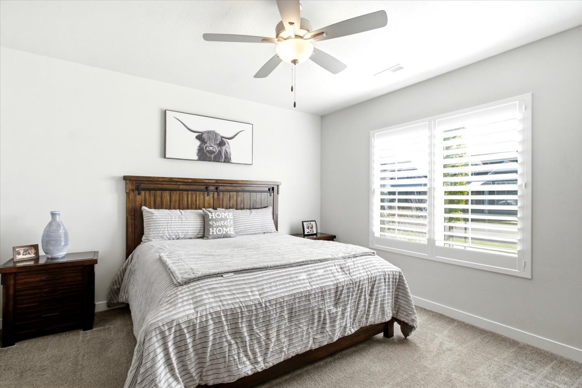 Bright room featuring white walls, plush carpeting, a ceiling fan with integrated lighting, and a large window with white plantation shutters