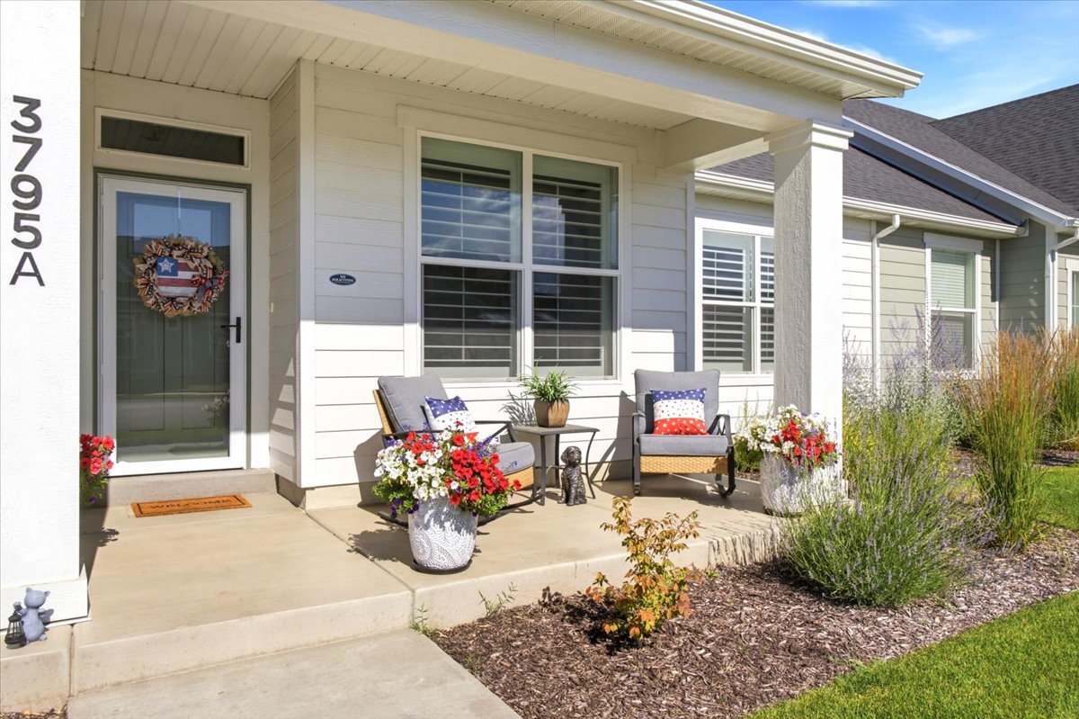 Covered concrete porch with white support columns, showcasing a glass-panel entry door with transom window, horizontal siding, and an adjacent window with blinds