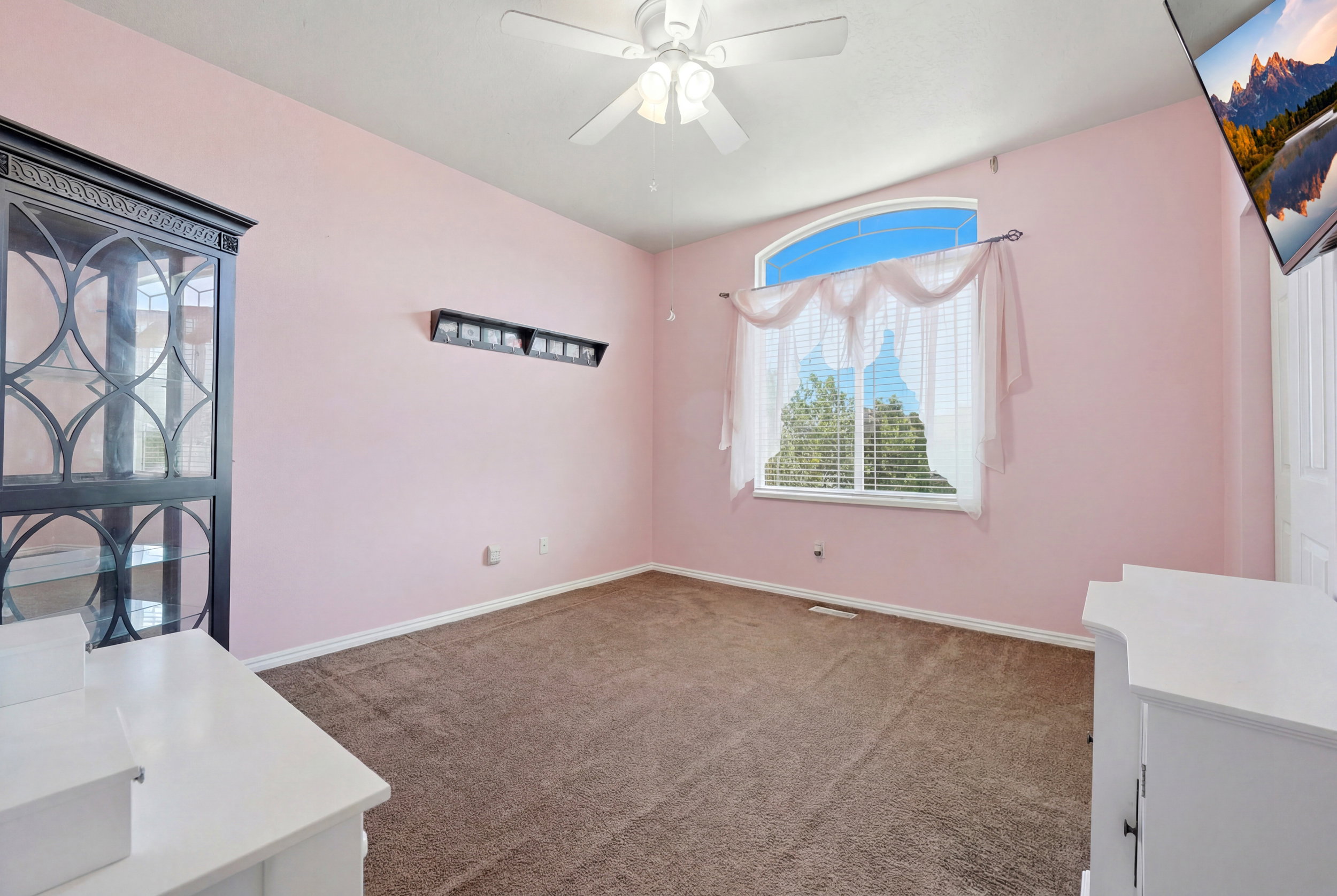 Wall-to-wall carpeting and arched window with blinds