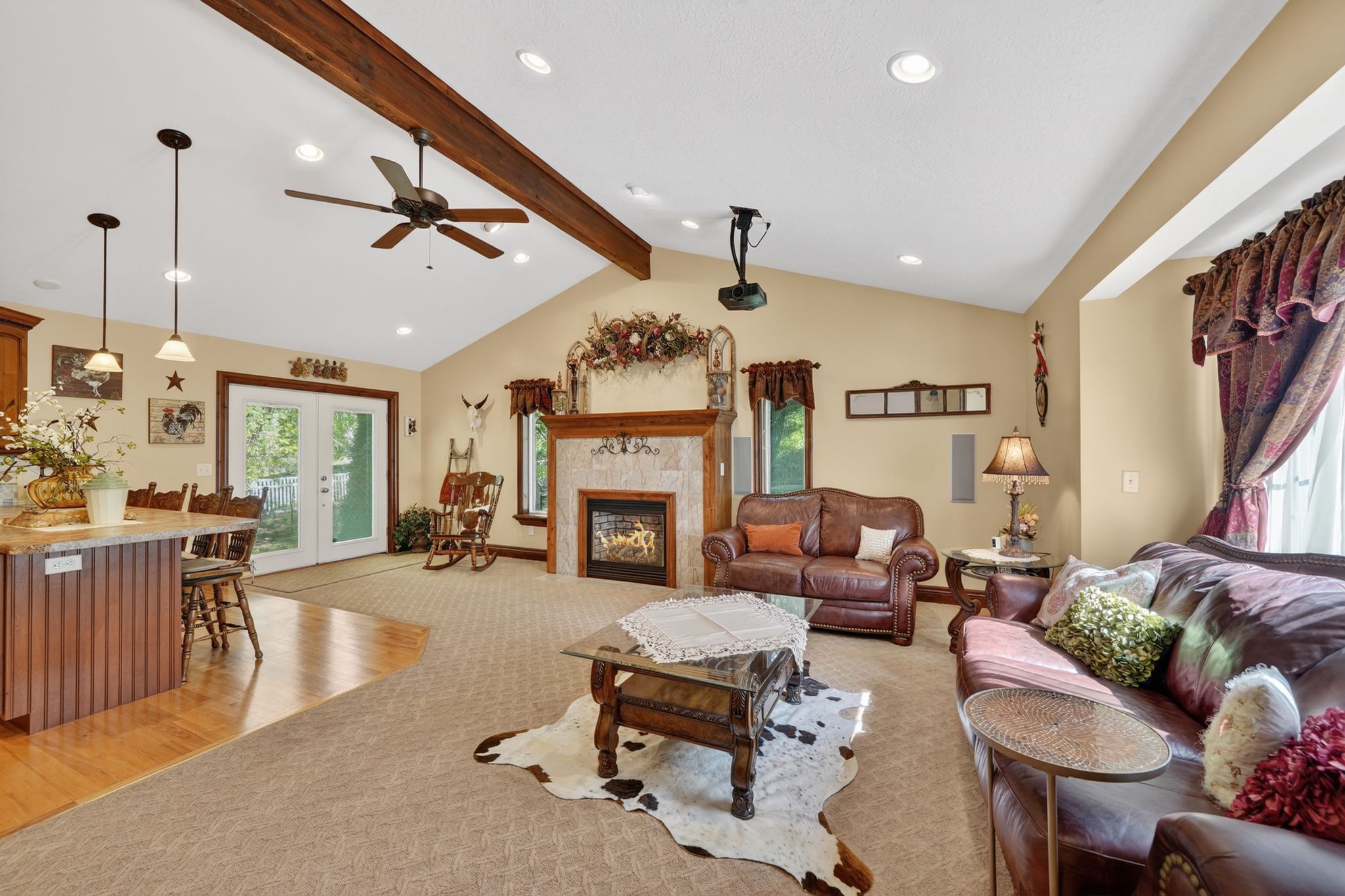 Vaulted ceiling with exposed wood beams