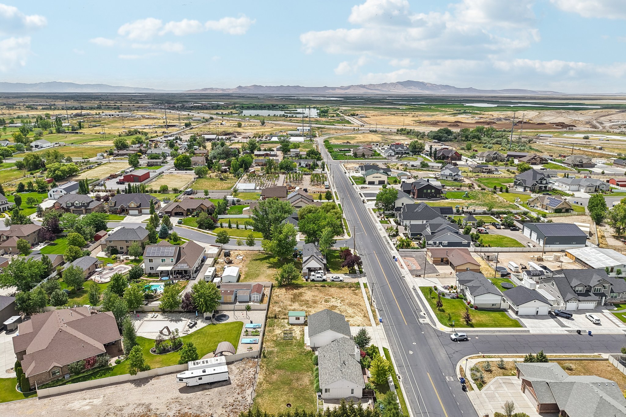 Aerial perspective showcasing a residential community with varied architectural styles
