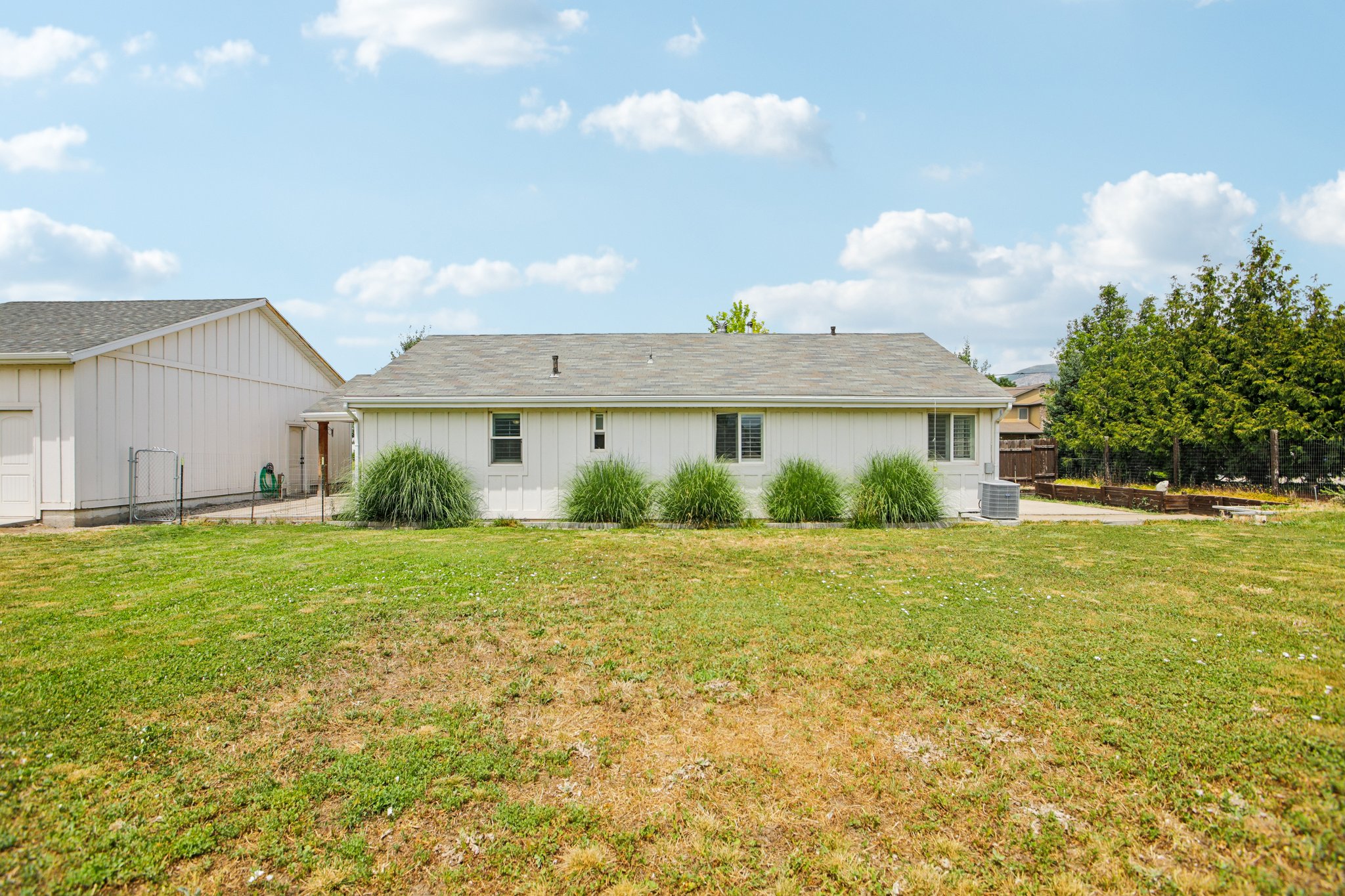 Expansive rear yard featuring a detached garage, established perimeter trees, and a concrete patio