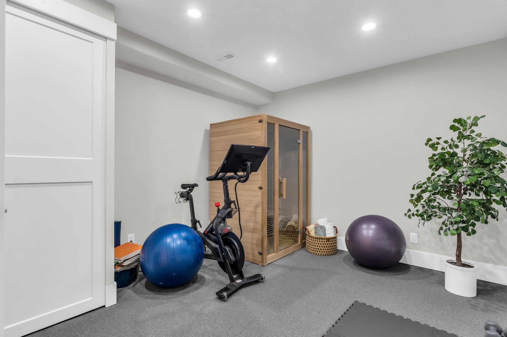 Dedicated wellness space featuring a built-in sauna, neutral wall paint, recessed lighting, and grey carpet flooring