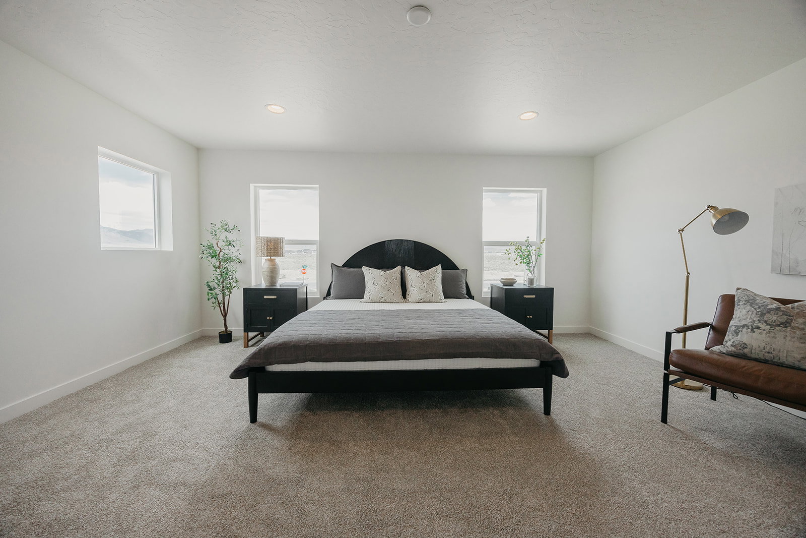 Bright room featuring neutral-toned carpeting, white walls, and multiple windows