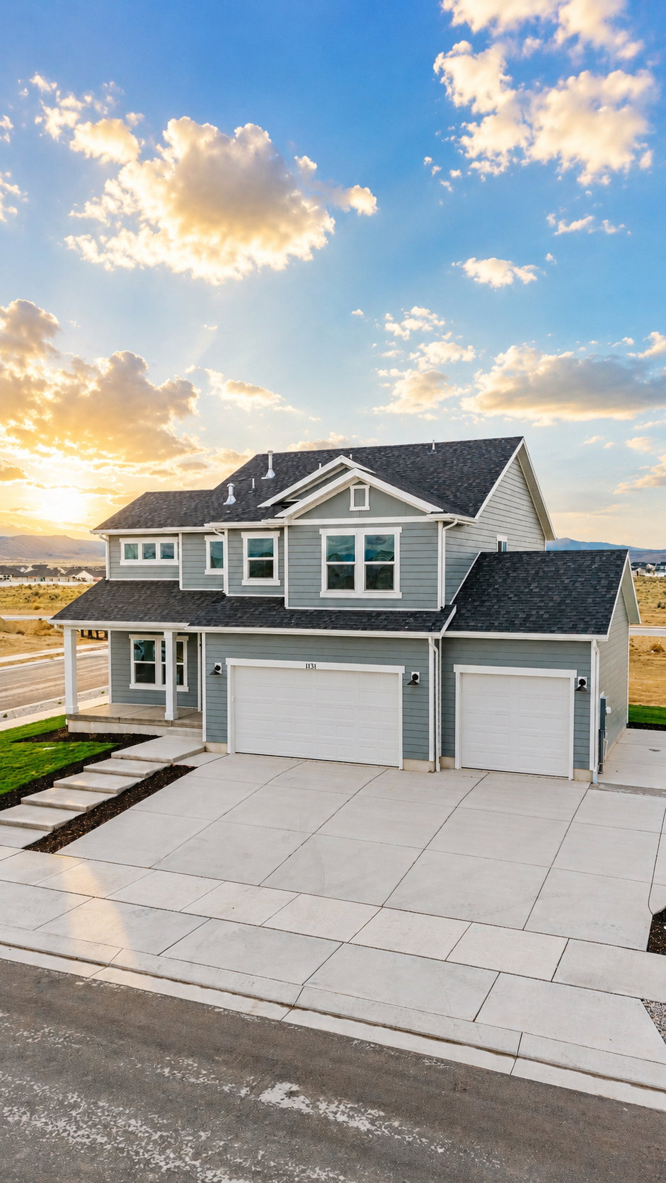Contemporary two-story residence featuring light blue siding, a dark shingle roof, and white trim