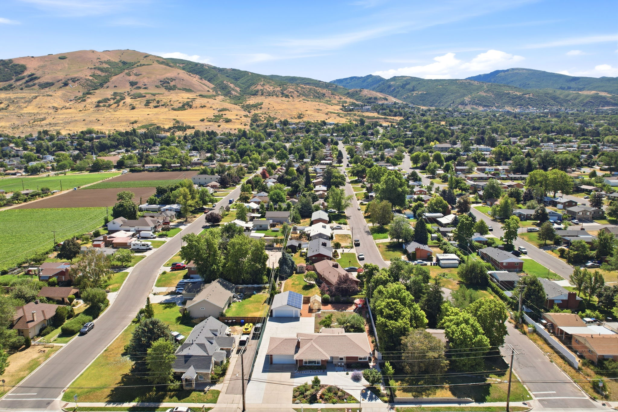 Aerial perspective showcasing a residential neighborhood with established homes, mature trees, and mountainous terrain in the background