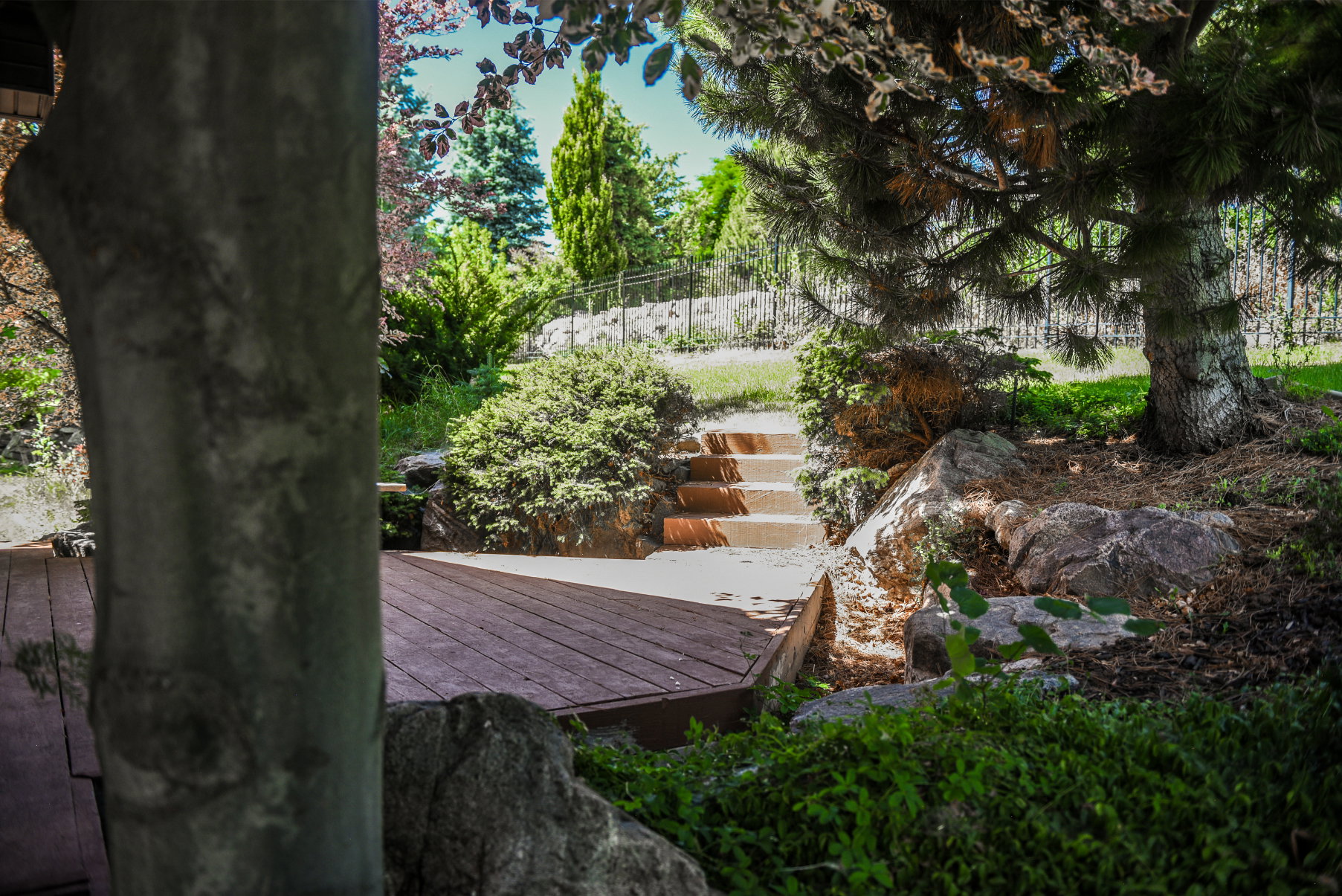 Outdoor wooden deck with stone steps and integrated landscaping