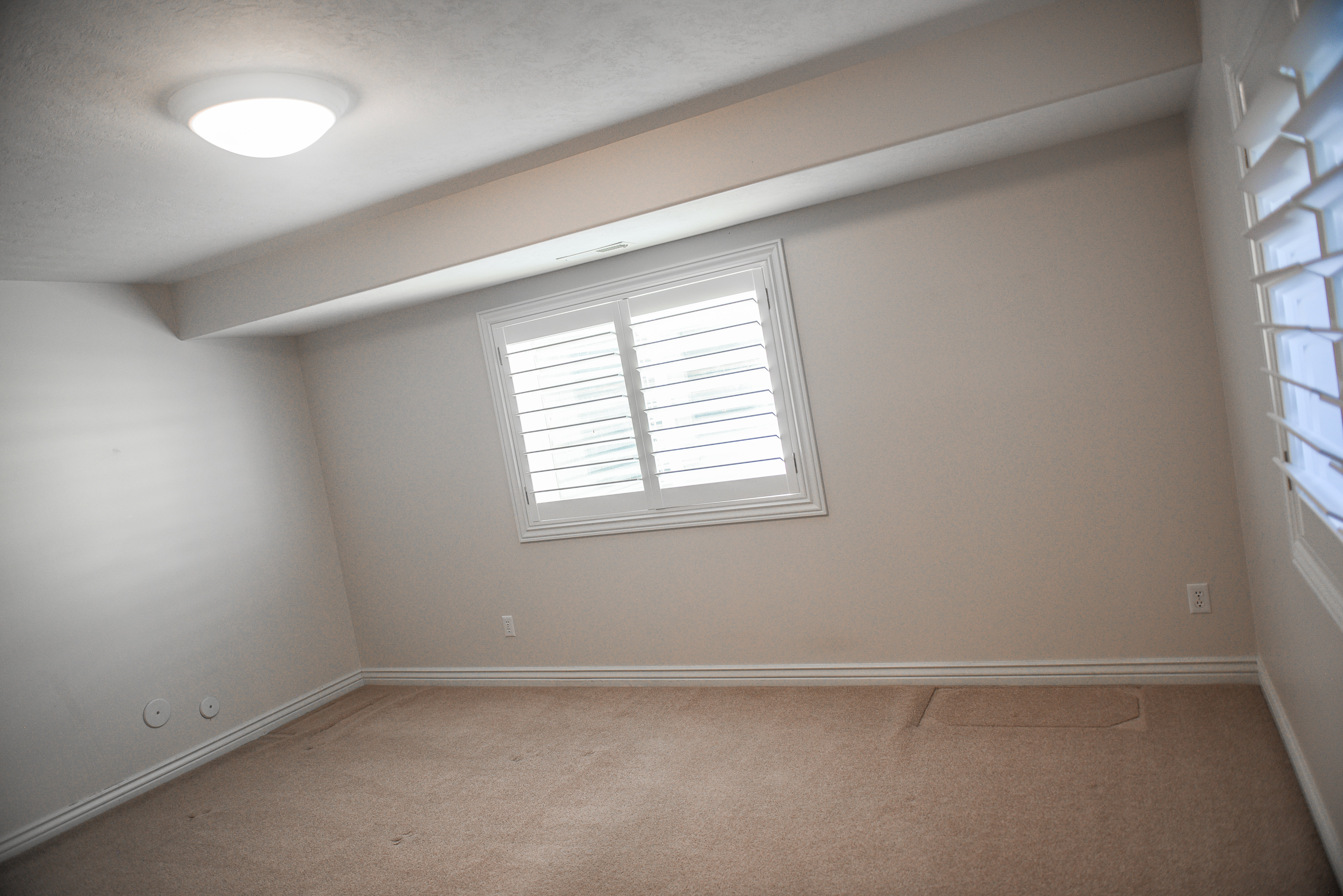 Room featuring carpeted flooring, a flush-mount ceiling light, white baseboards, and a window with white plantation shutters